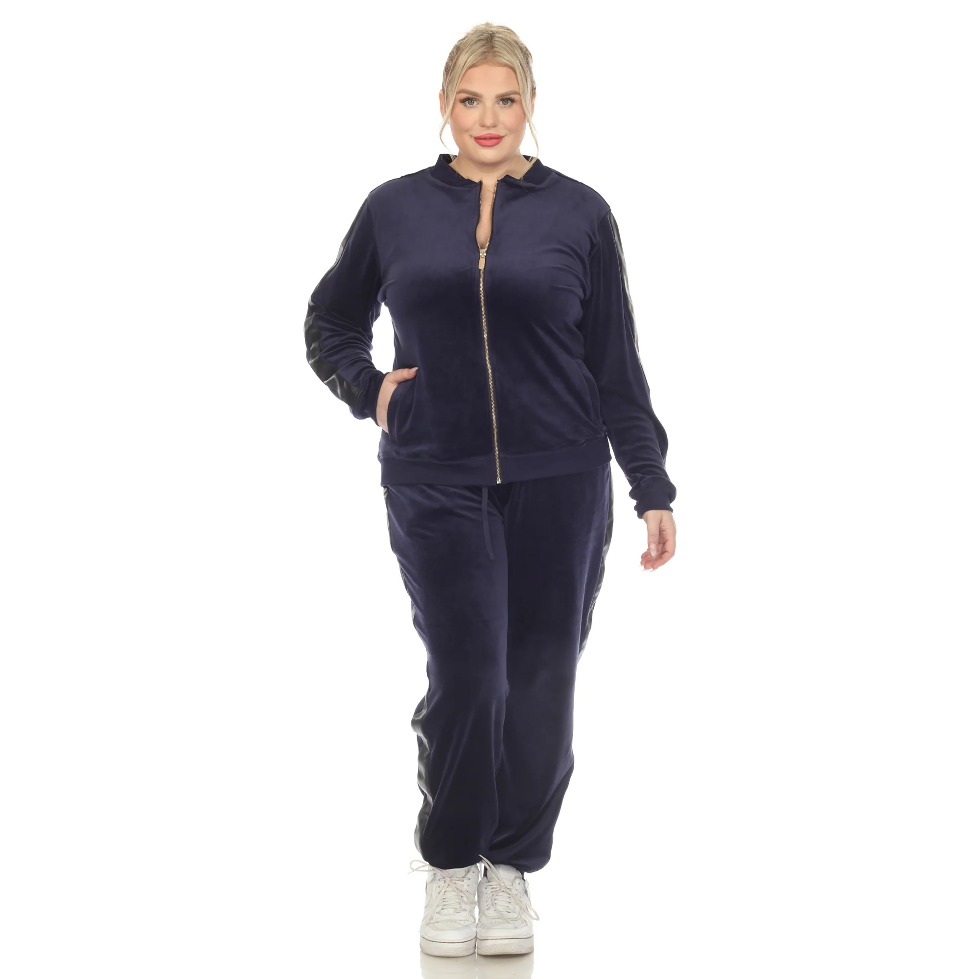 White Mark Women's 2-Piece Faux Leather Stripe Velour Set - Image 8