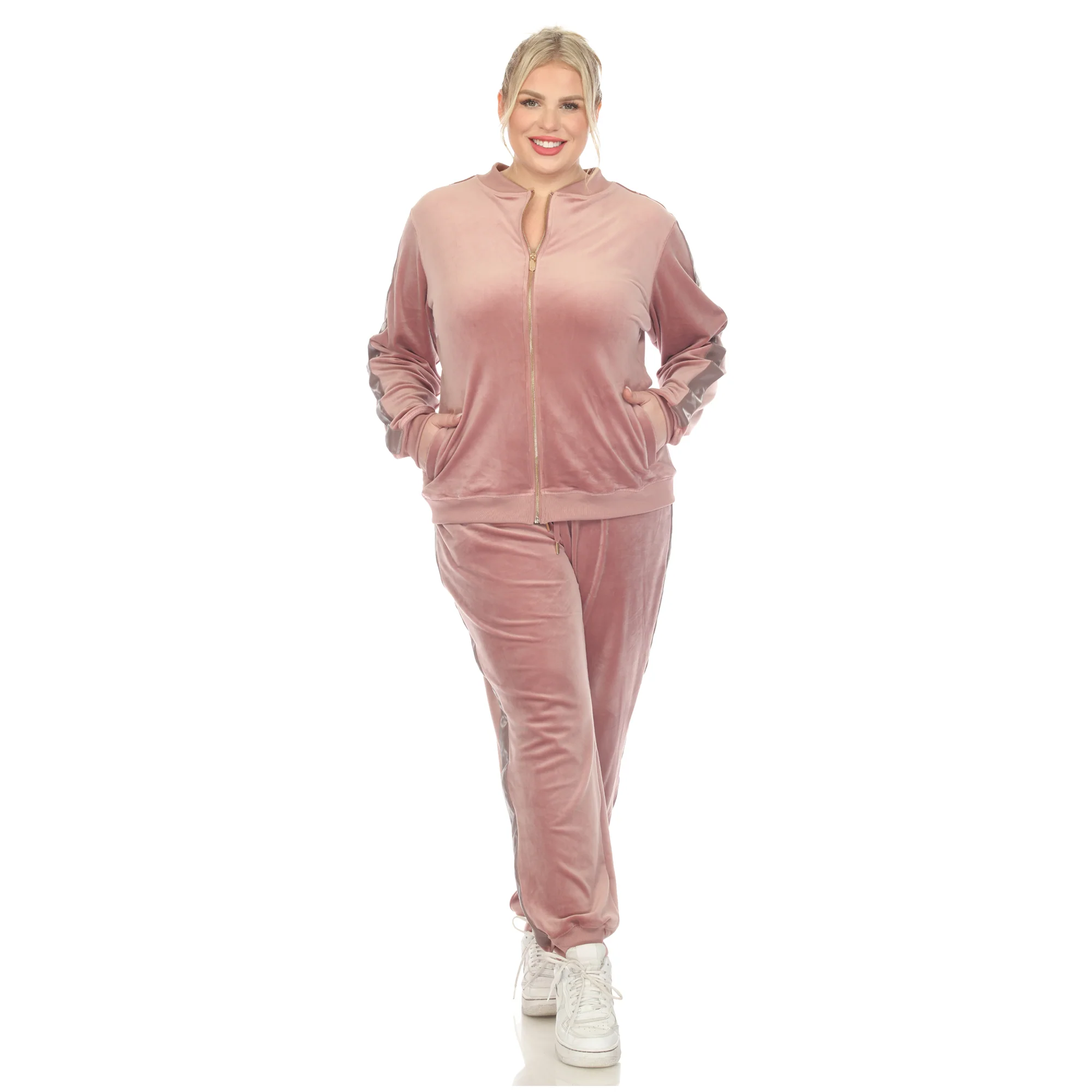 White Mark Women's 2-Piece Faux Leather Stripe Velour Set - Image 9