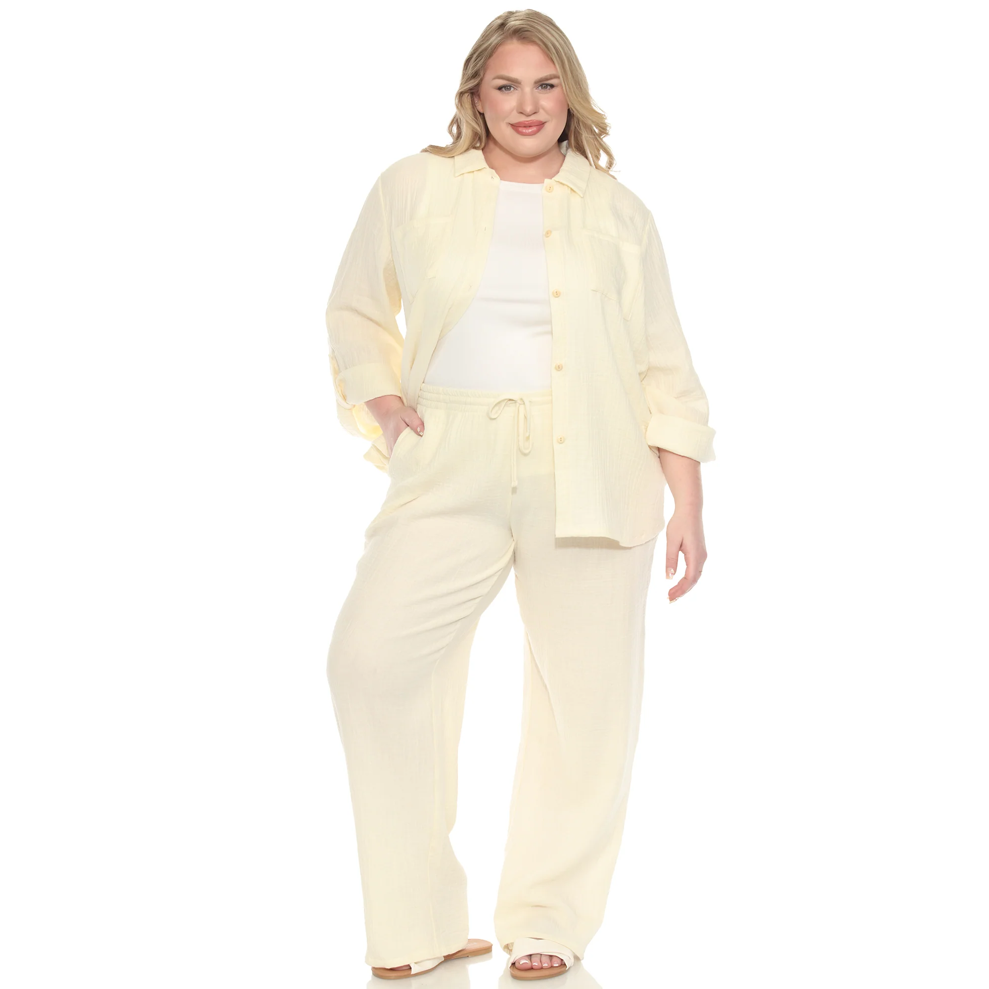 White Mark Women's 2-Piece Long Sleeve Button-Down Gauze Set - Image 10