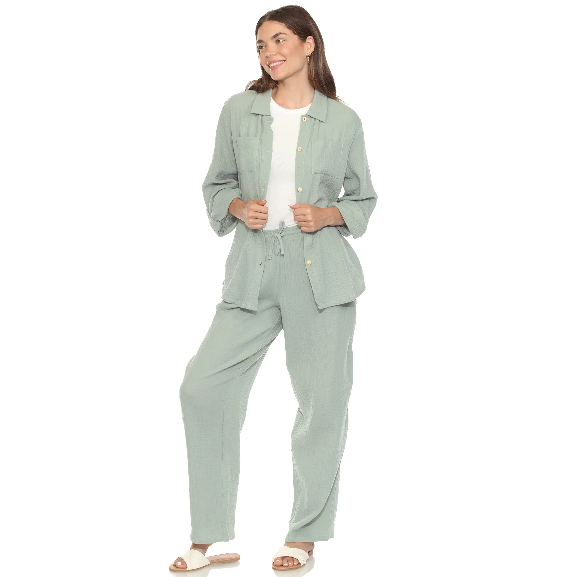 White Mark Women's 2-Piece Long Sleeve Button-Down Gauze Set - Image 3