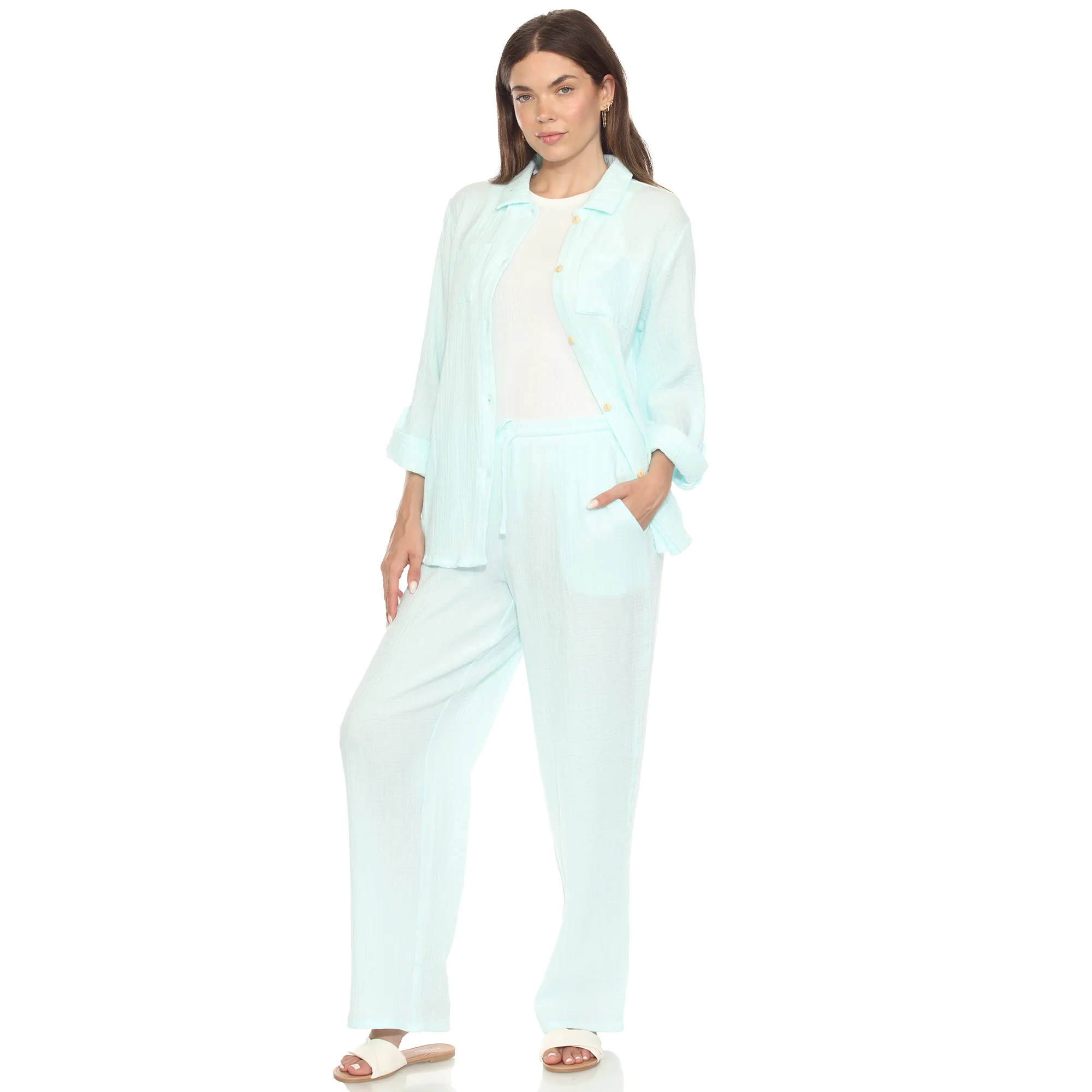 White Mark Women's 2-Piece Long Sleeve Button-Down Gauze Set - Image 4