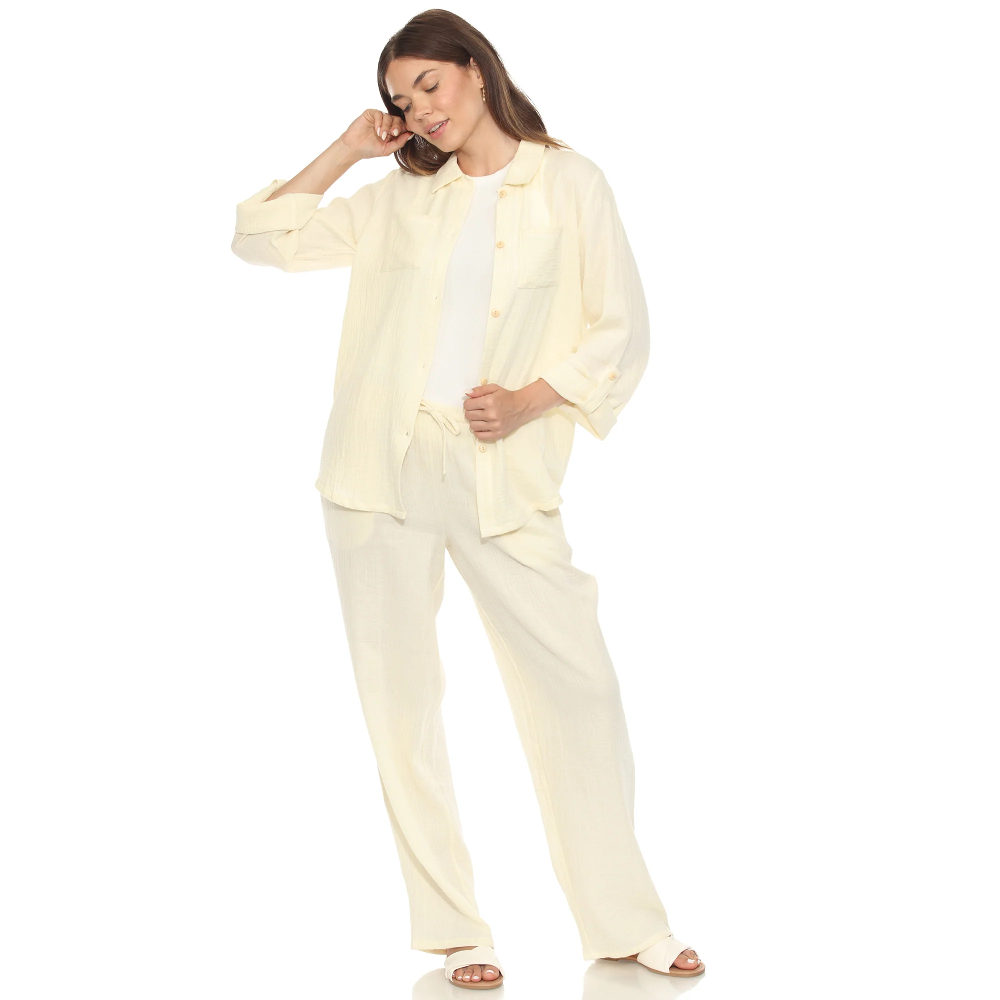 White Mark Women's 2-Piece Long Sleeve Button-Down Gauze Set - Image 5
