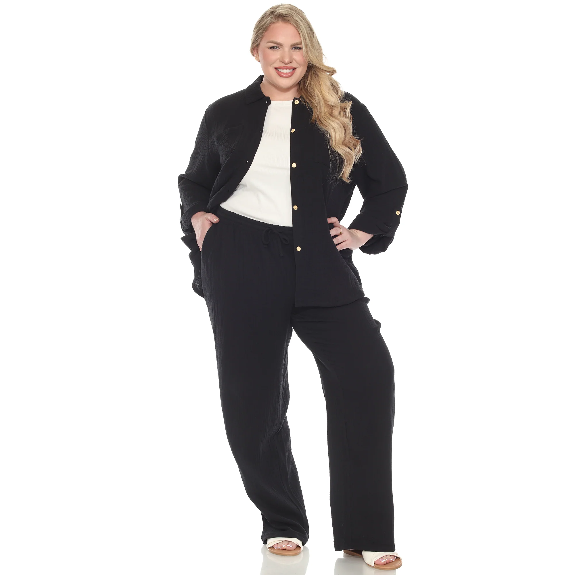 White Mark Women's 2-Piece Long Sleeve Button-Down Gauze Set - Image 6