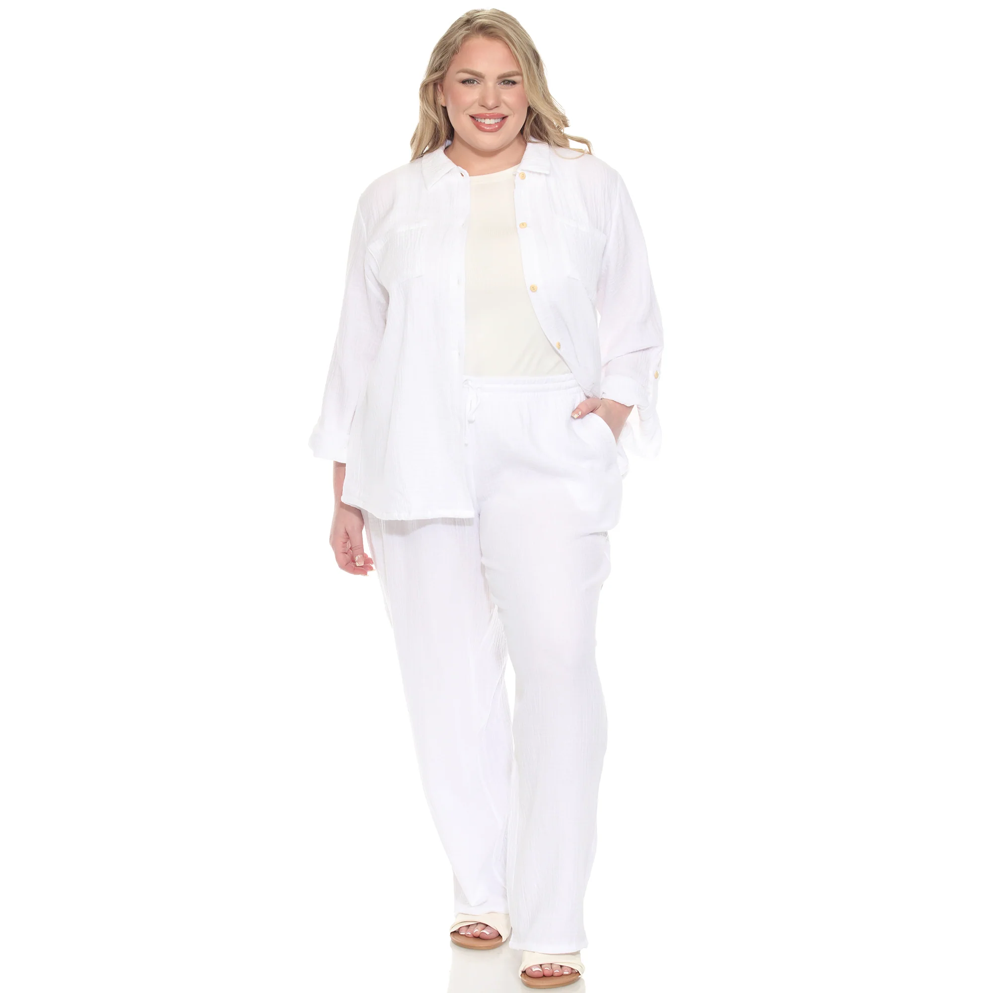 White Mark Women's 2-Piece Long Sleeve Button-Down Gauze Set - Image 7