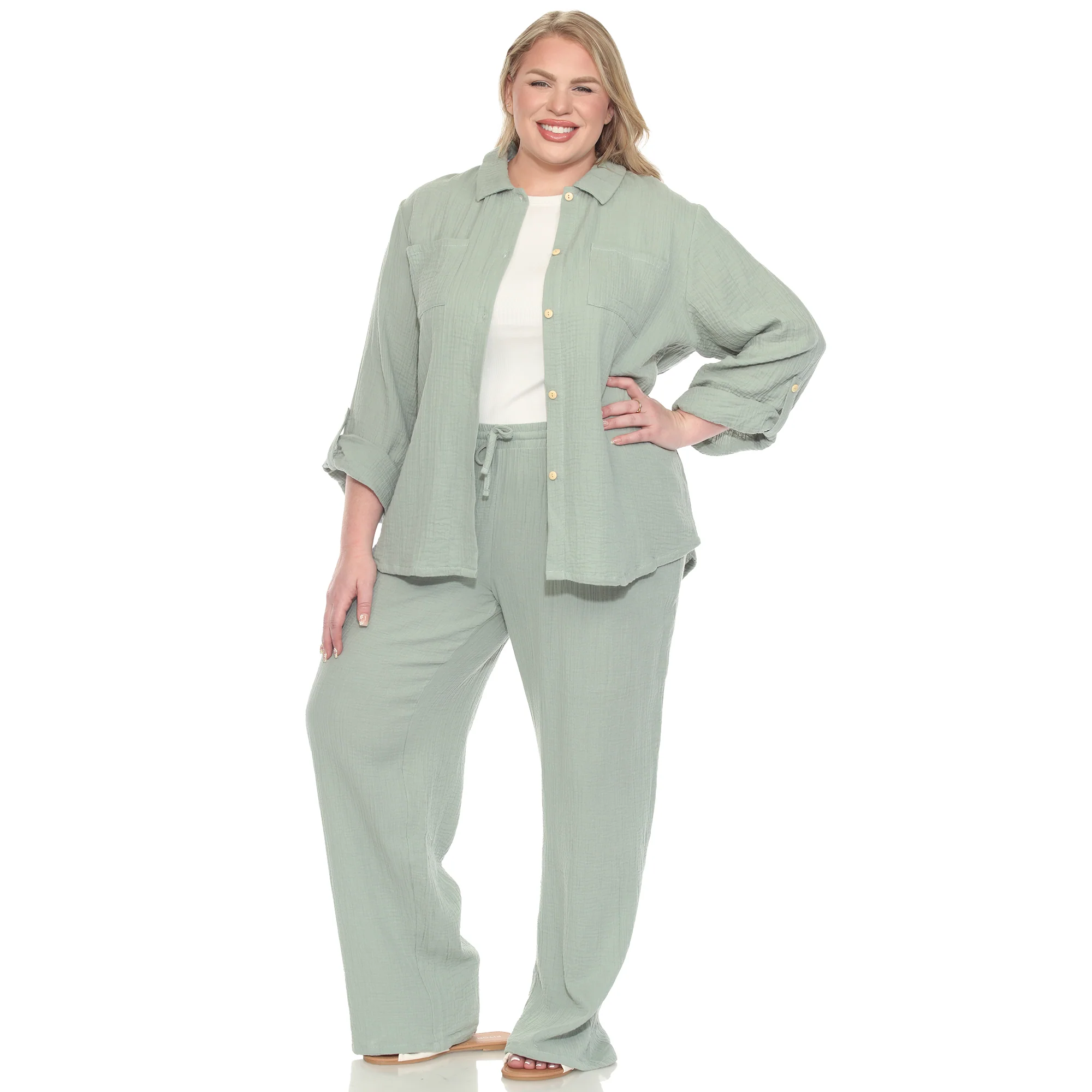 White Mark Women's 2-Piece Long Sleeve Button-Down Gauze Set - Image 8