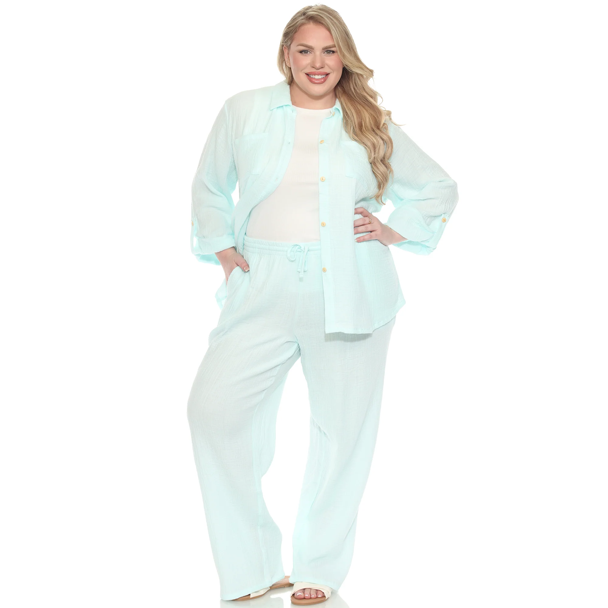 White Mark Women's 2-Piece Long Sleeve Button-Down Gauze Set - Image 9