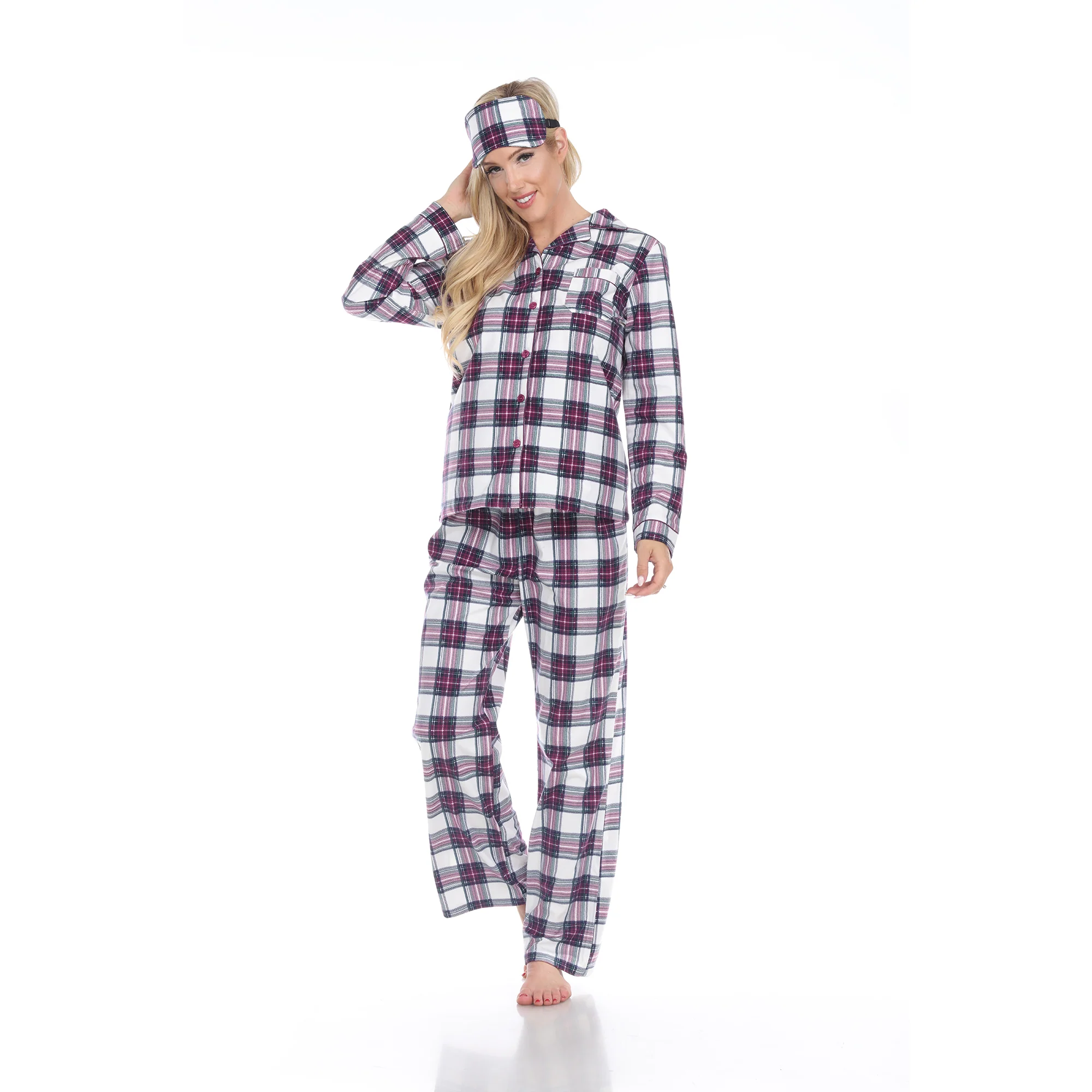 White Mark Women's 3-Piece Plaid Pajama Set - Image 3