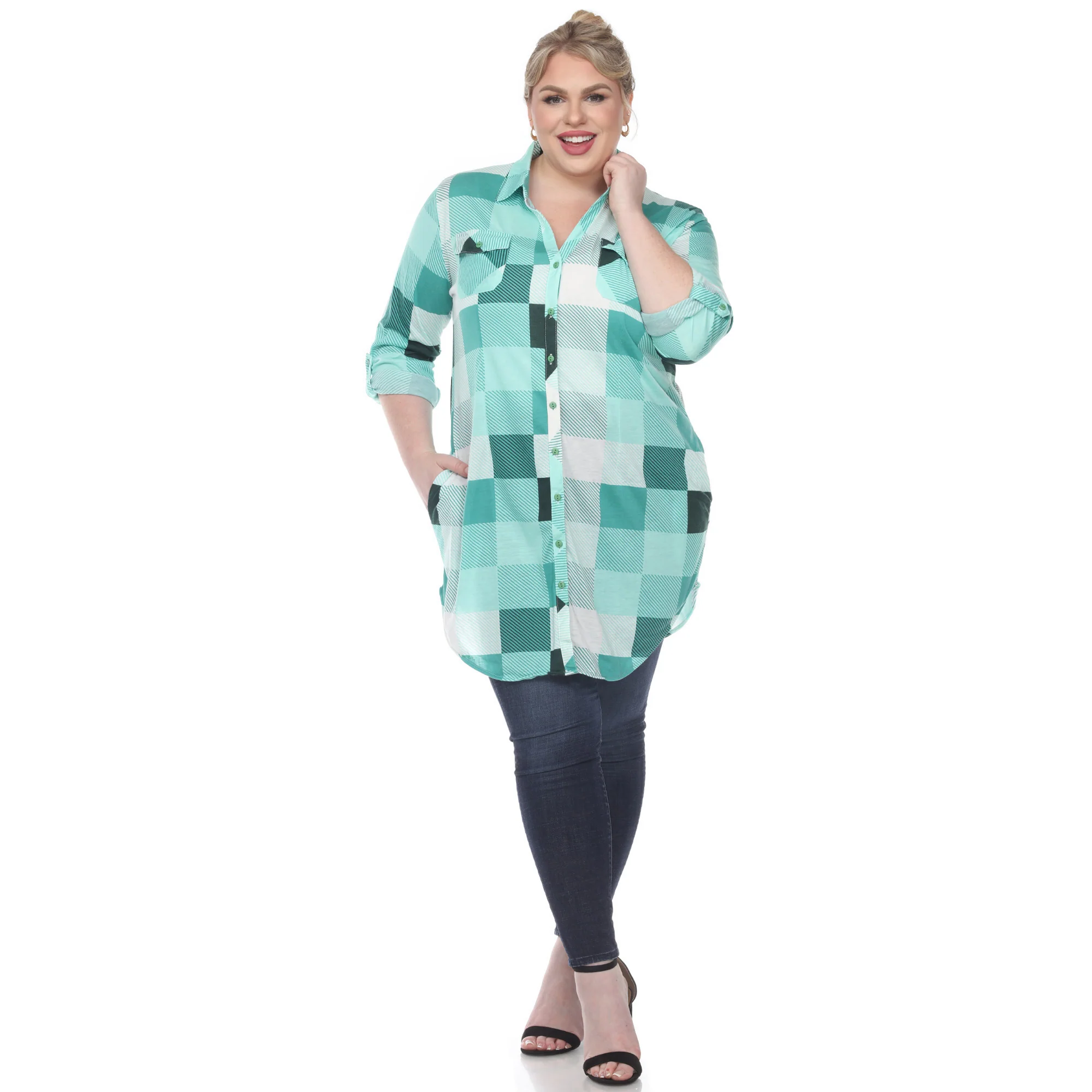 White Mark Women's Buffalo Plaid Rounded Hem Tunic Top - Image 11