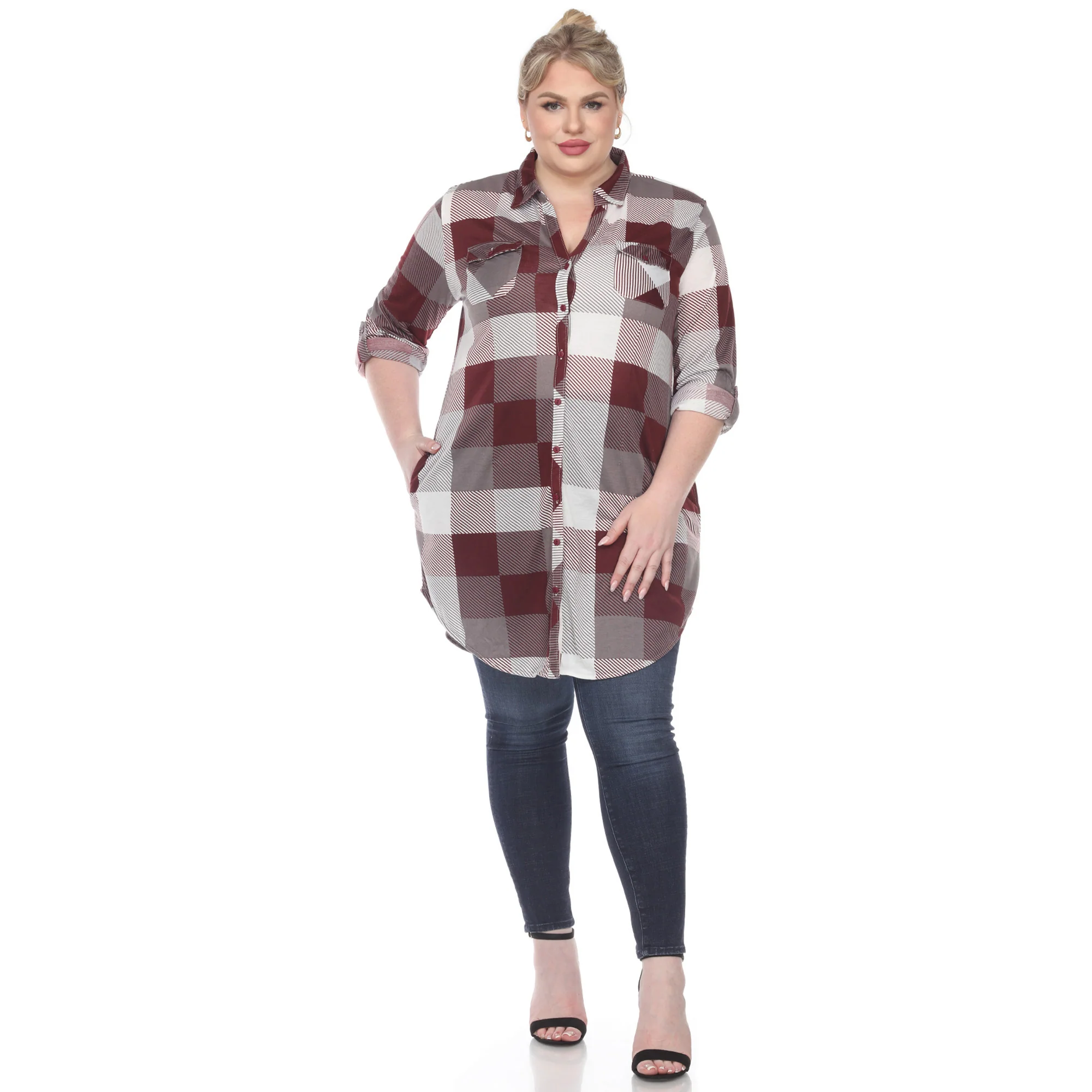 White Mark Women's Buffalo Plaid Rounded Hem Tunic Top - Image 12