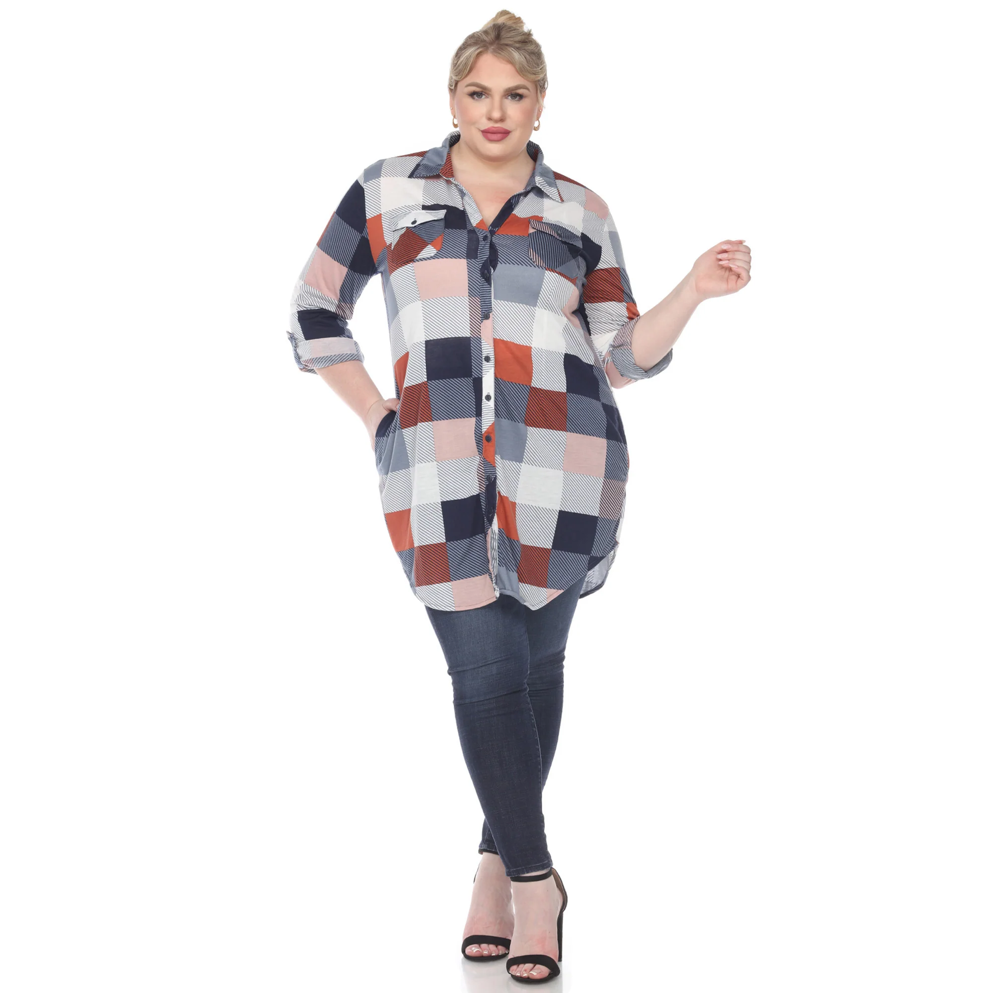 White Mark Women's Buffalo Plaid Rounded Hem Tunic Top - Image 14