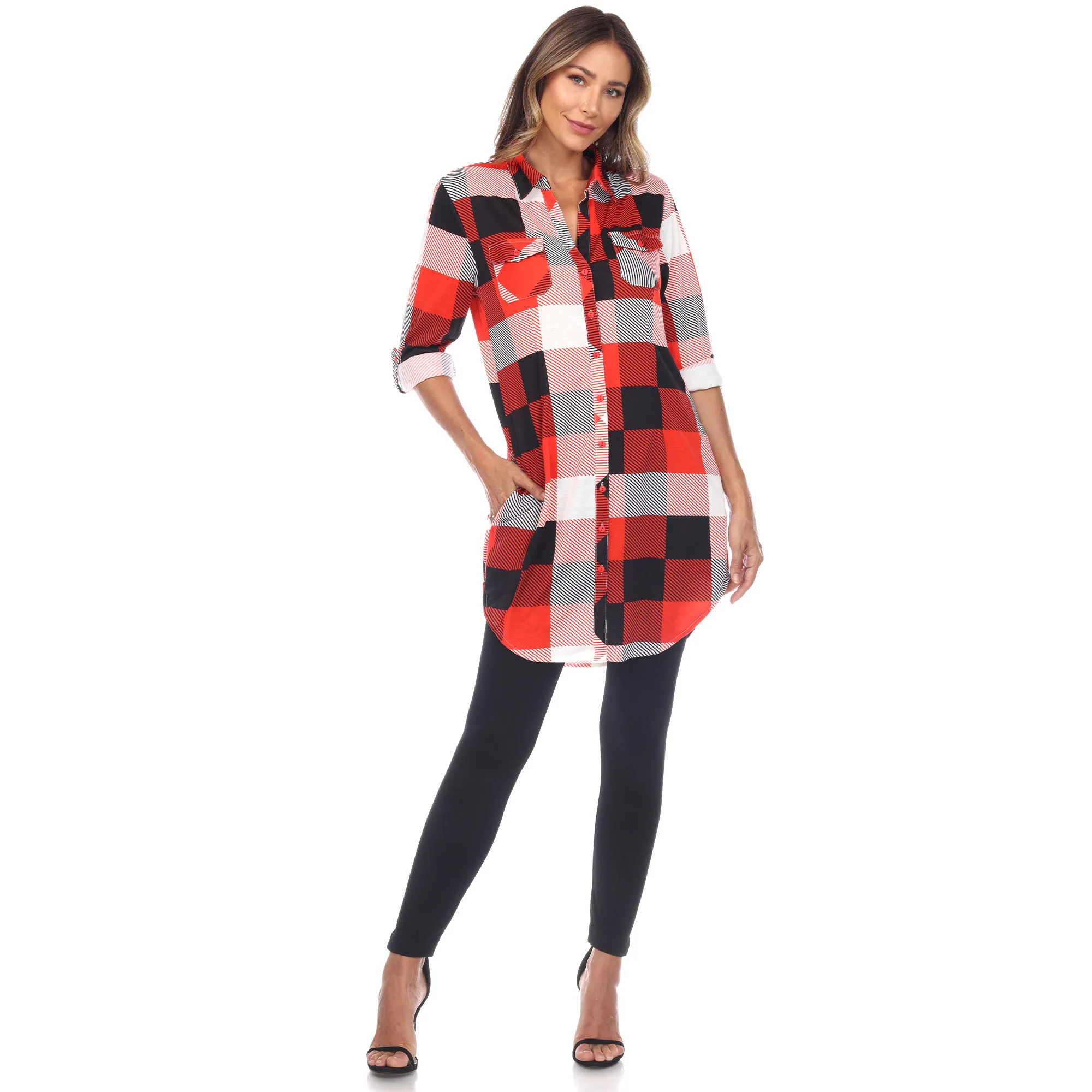 White Mark Women's Buffalo Plaid Rounded Hem Tunic Top - Image 3