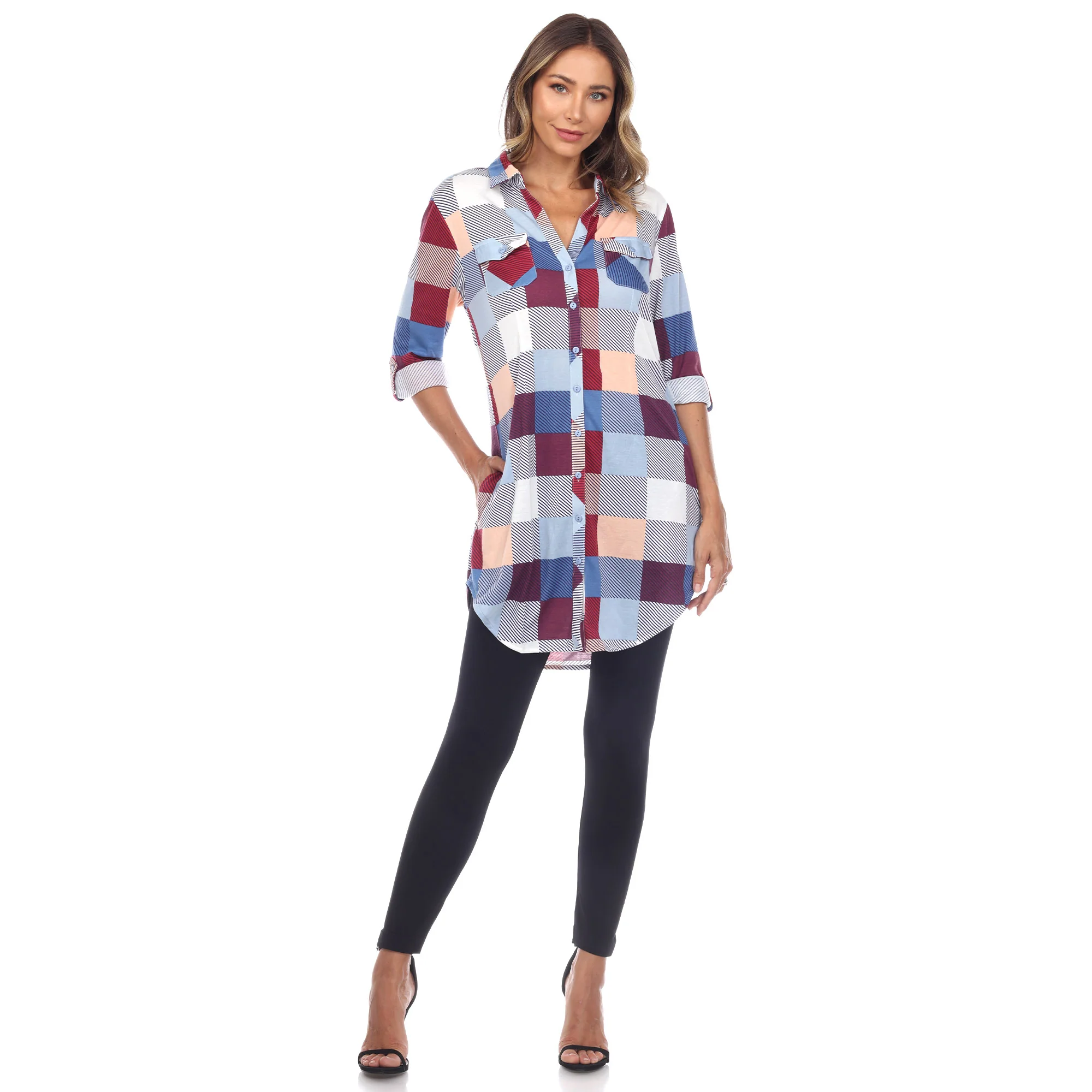 White Mark Women's Buffalo Plaid Rounded Hem Tunic Top - Image 4