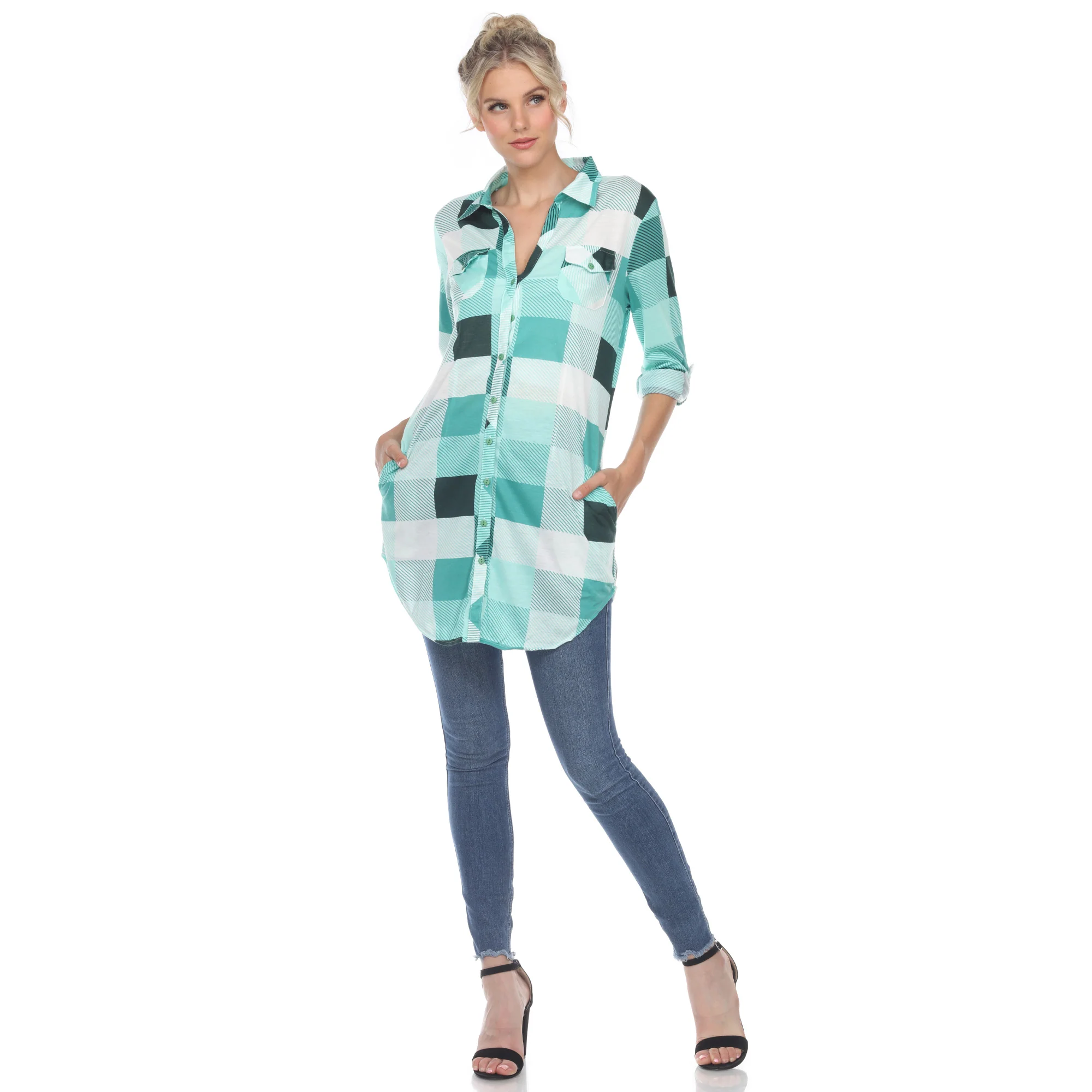 White Mark Women's Buffalo Plaid Rounded Hem Tunic Top - Image 5