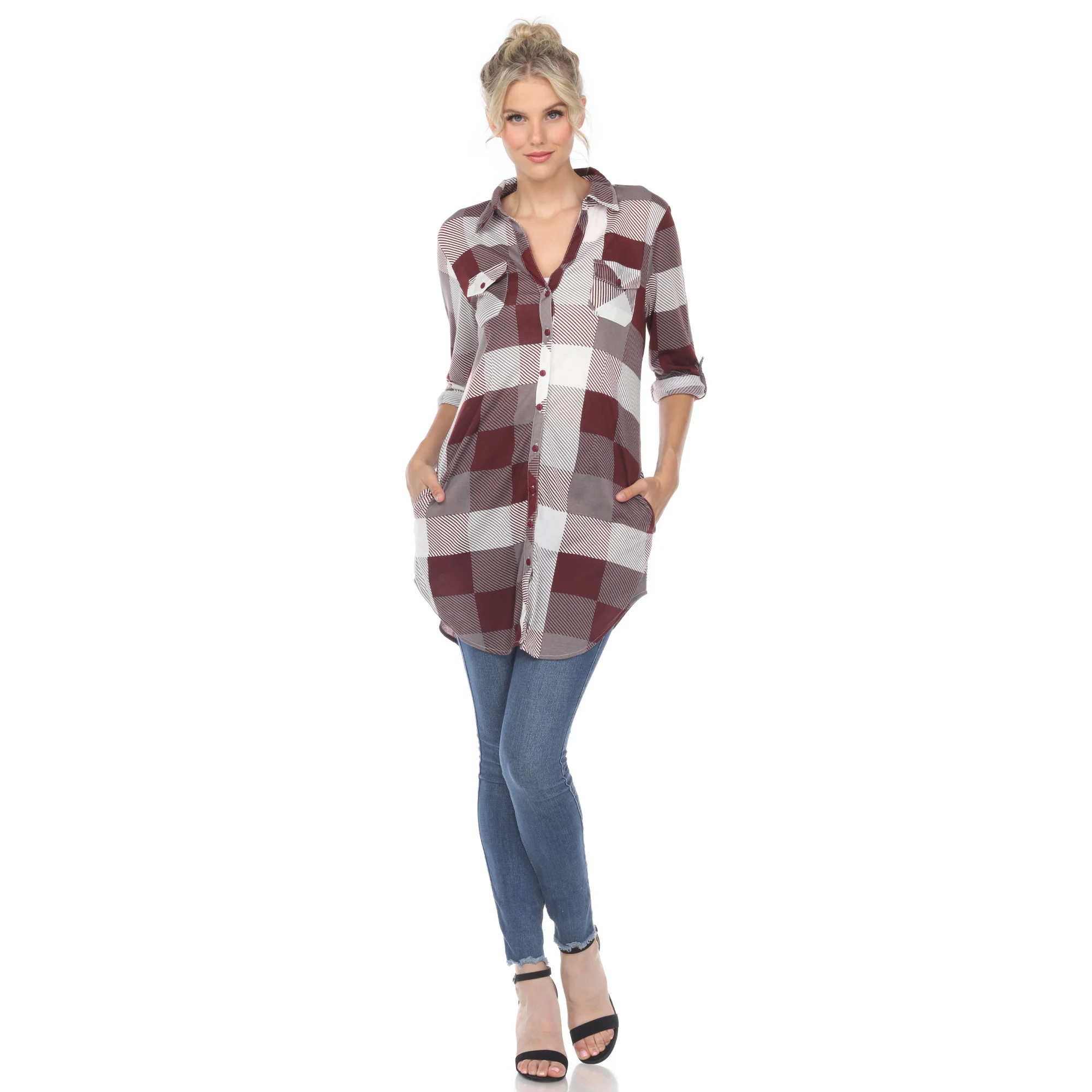 White Mark Women's Buffalo Plaid Rounded Hem Tunic Top - Image 6