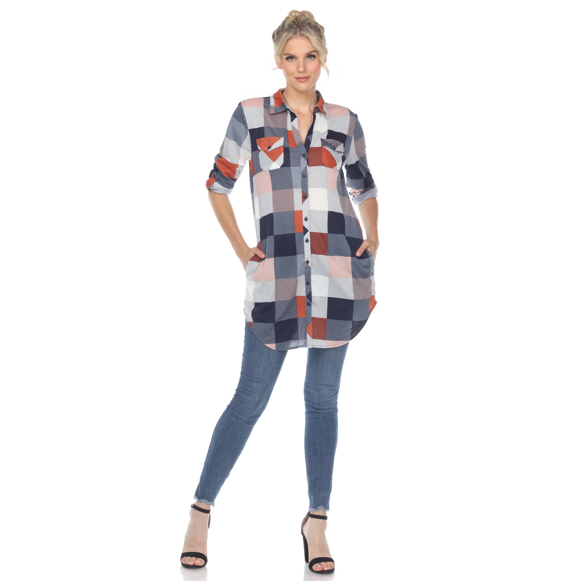 White Mark Women's Buffalo Plaid Rounded Hem Tunic Top - Image 7