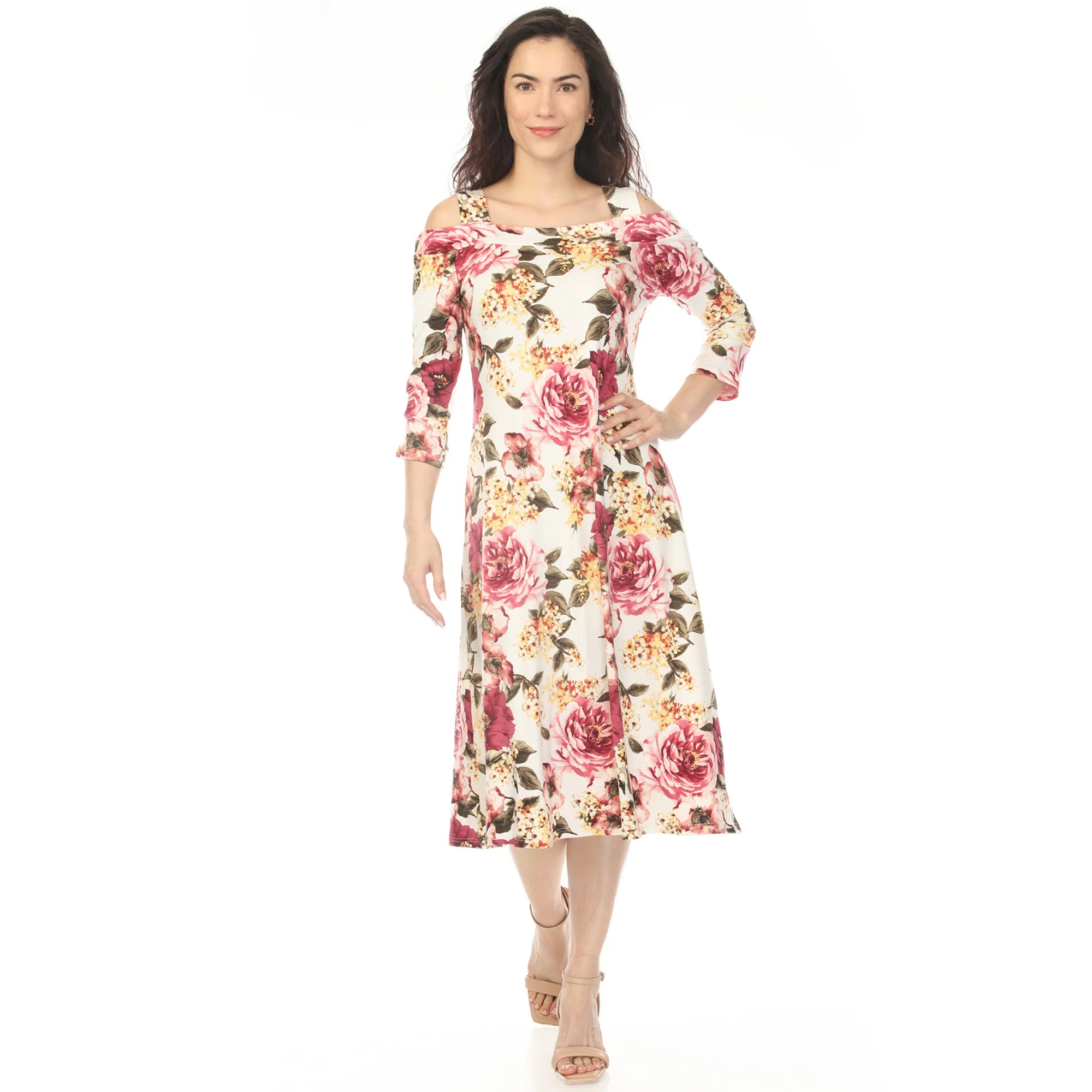 White Mark Women's Cold Shoulder 3/4 Sleeve Dress - Image 5