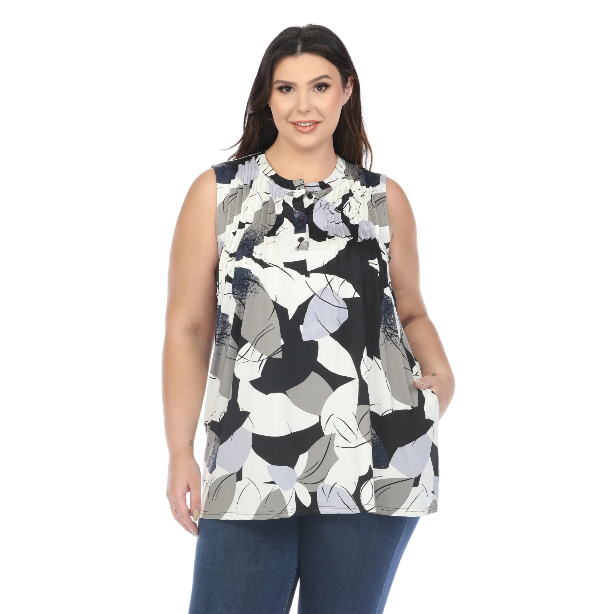 White Mark Women's Exploded Floral Print Pleated Sleeveless Top - Image 3