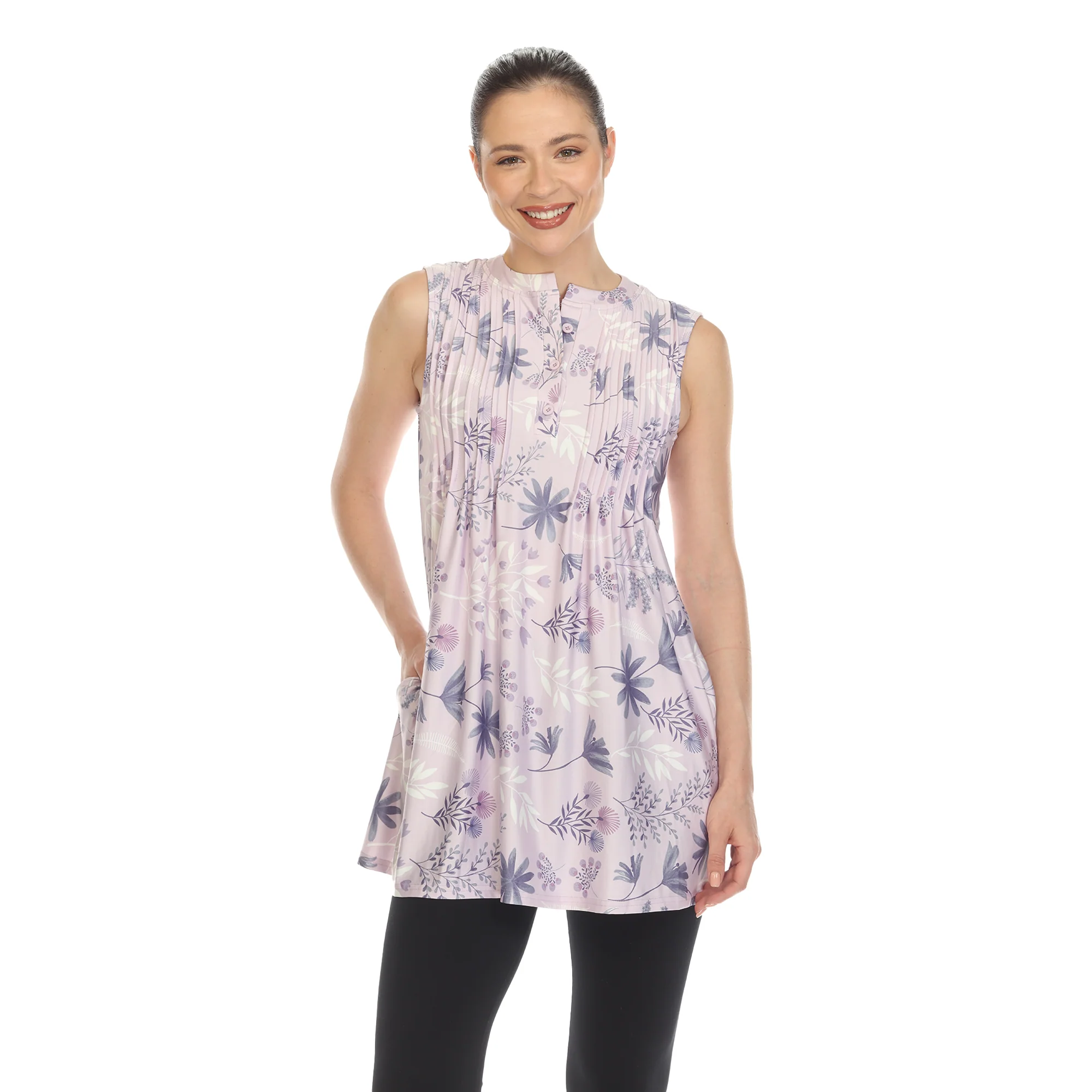White Mark Women's Floral Print Pleated Sleeveless Top - Image 3