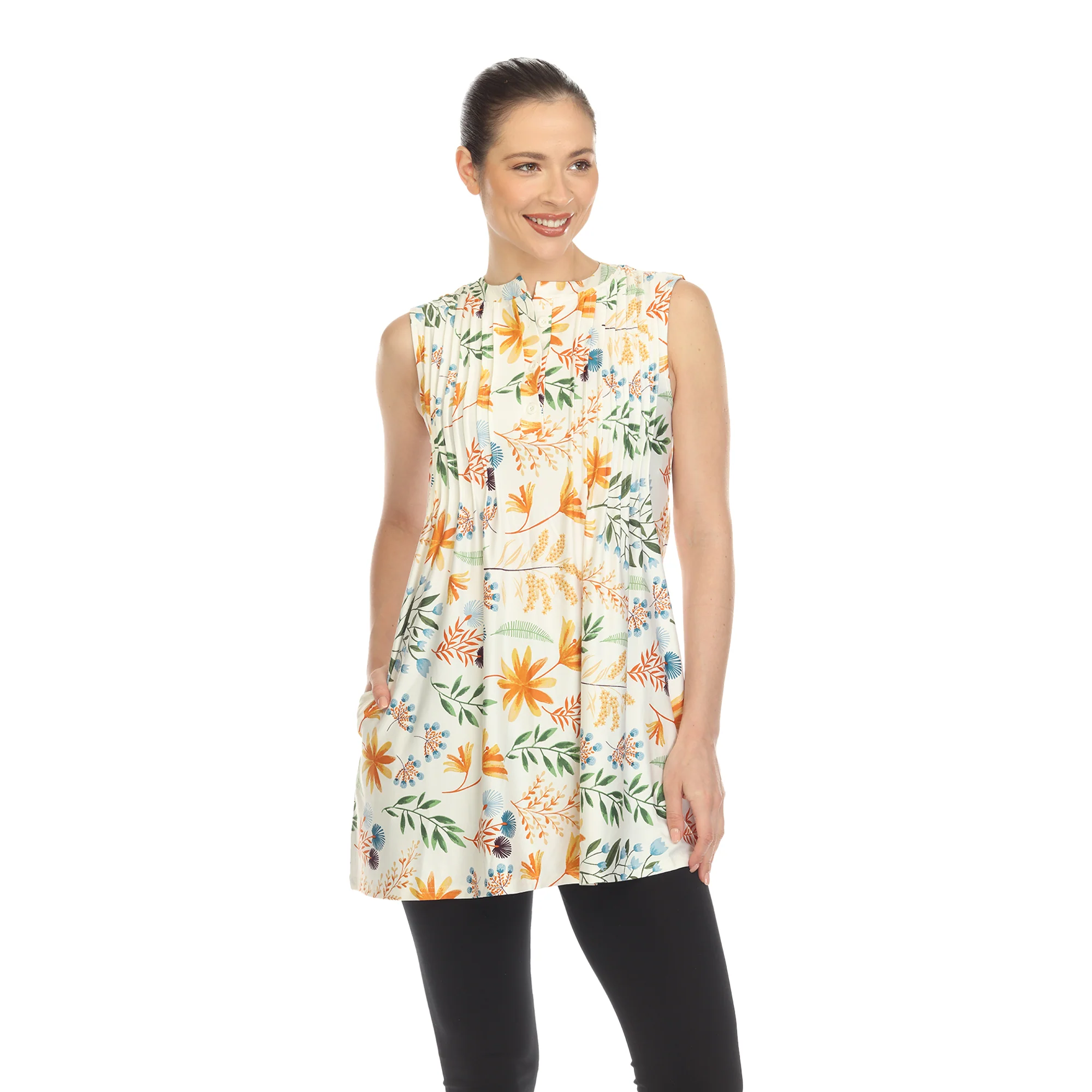 White Mark Women's Floral Print Pleated Sleeveless Top - Image 4