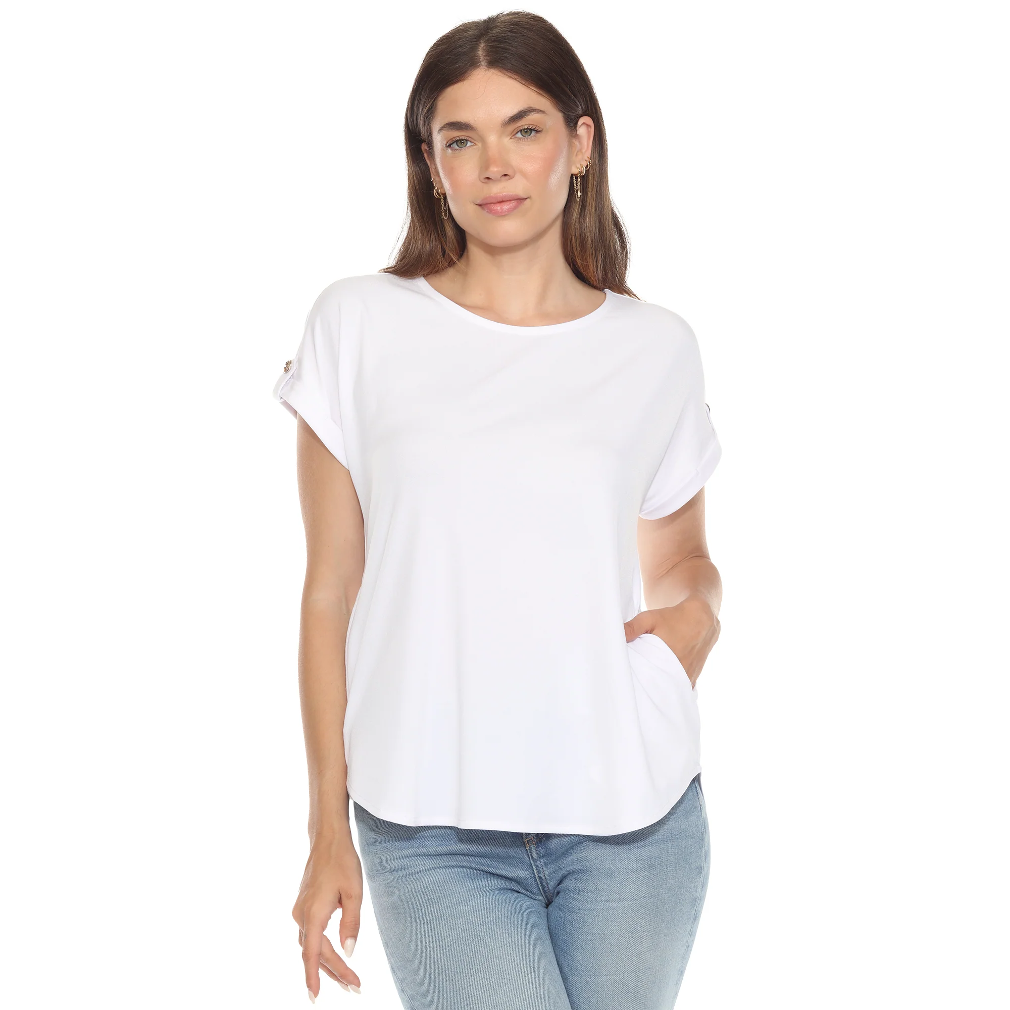White Mark Women's Folded Short Sleeve Solid Top - Image 3