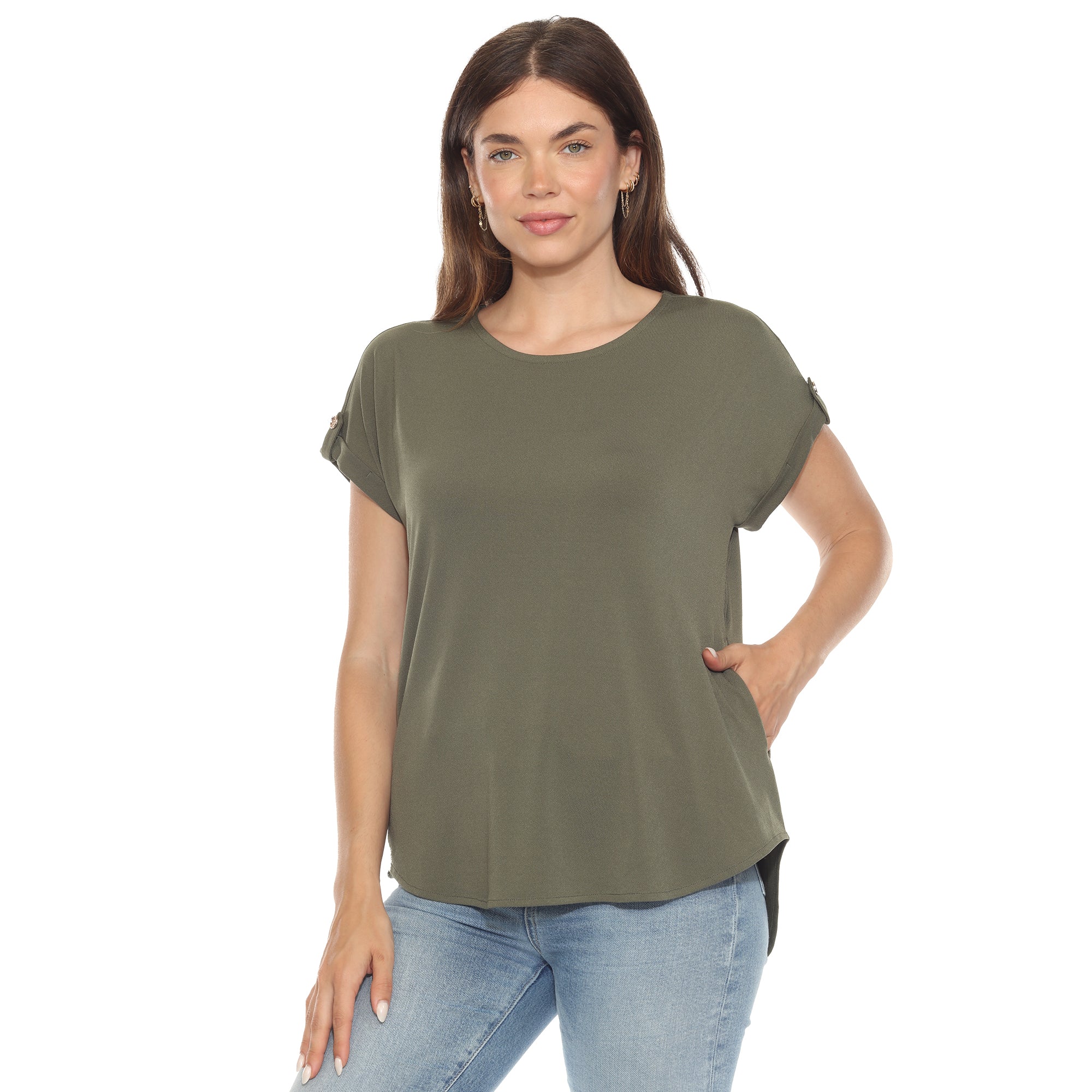 White Mark Women's Folded Short Sleeve Solid Top - Image 4