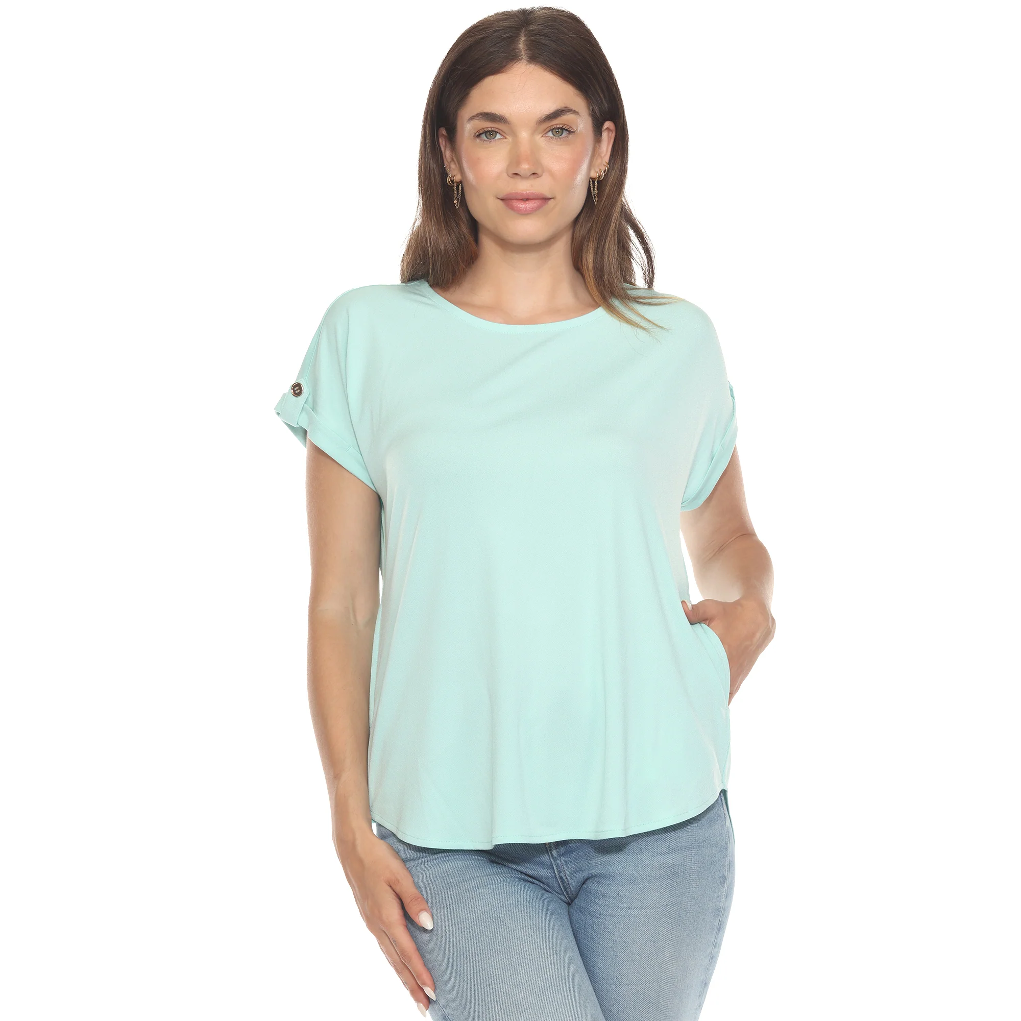White Mark Women's Folded Short Sleeve Solid Top - Image 5
