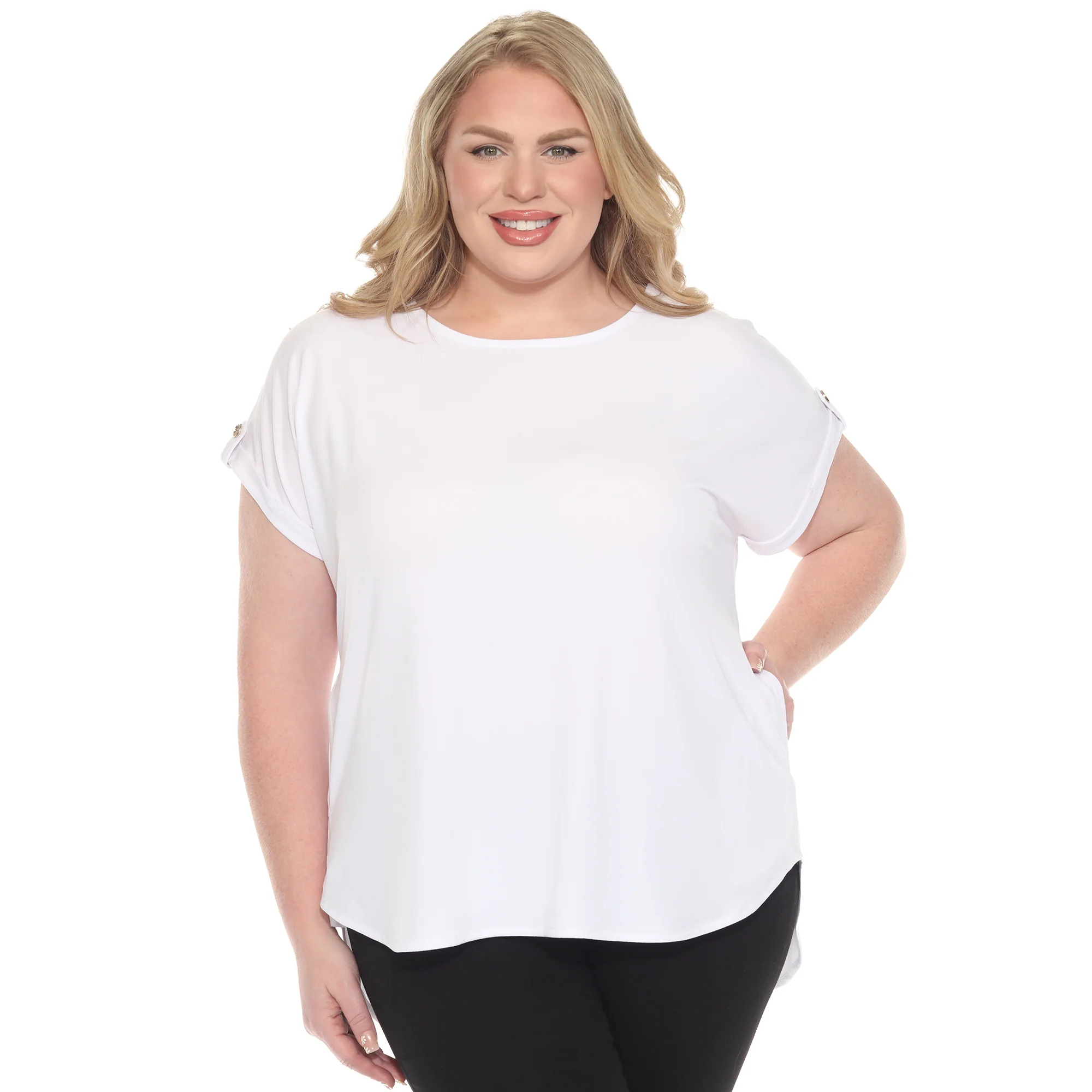 White Mark Women's Folded Short Sleeve Solid Top - Image 7