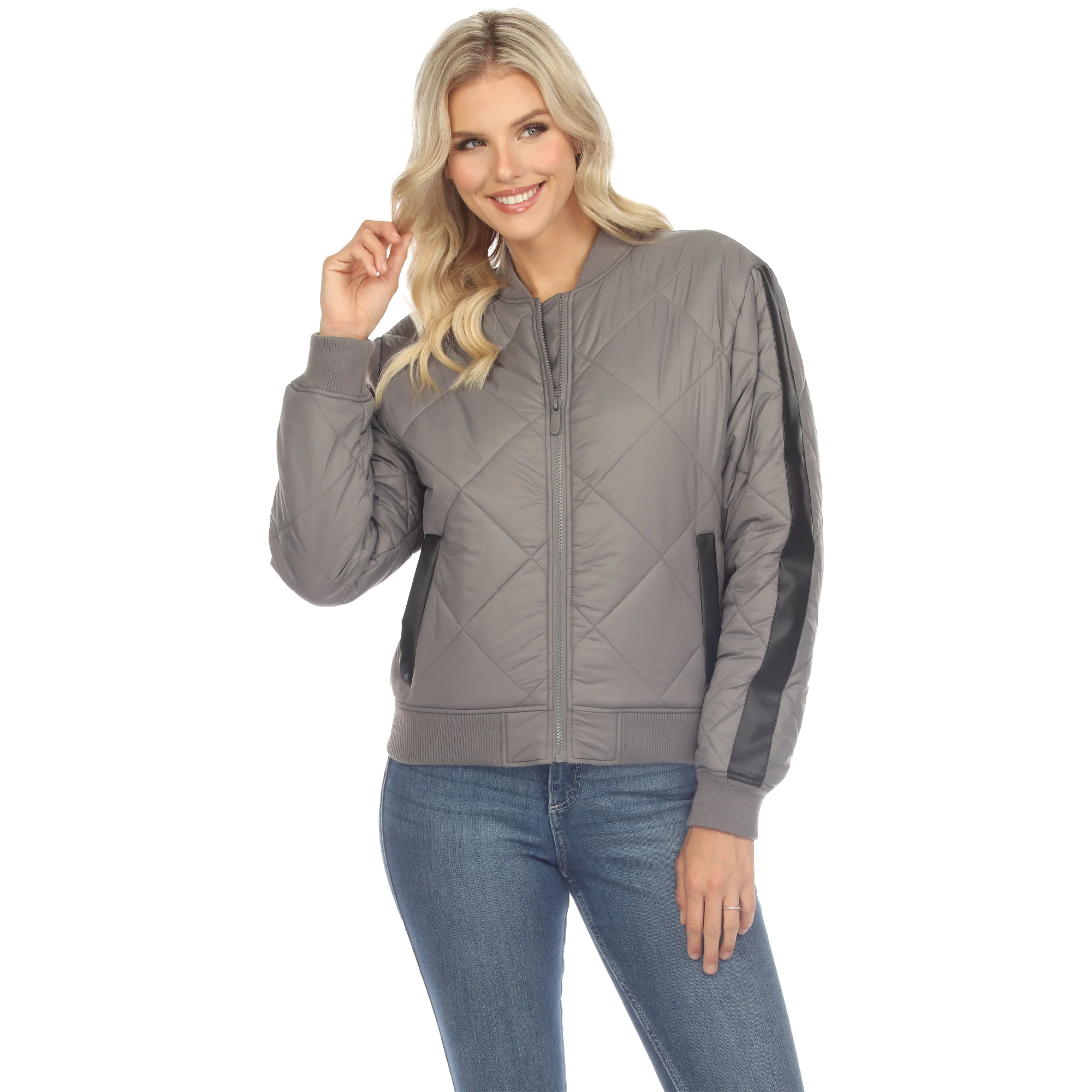White Mark Women's Lightweight Diamond Quilted Puffer Bomber Jacket - Image 3