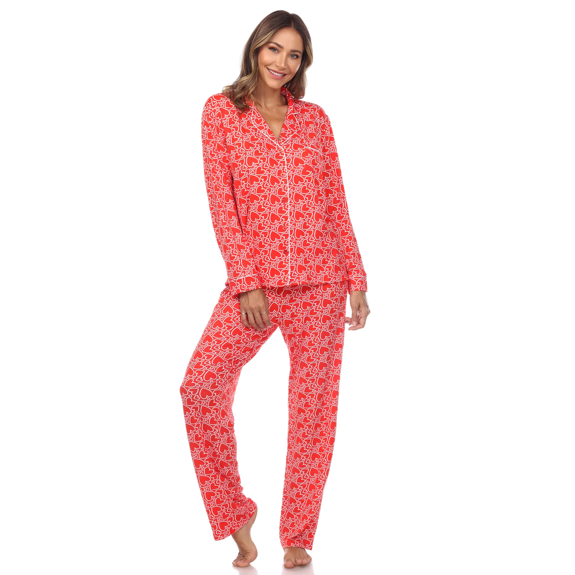 White Mark Women's Long-Sleeve Heart Print Pajama Set - Image 4