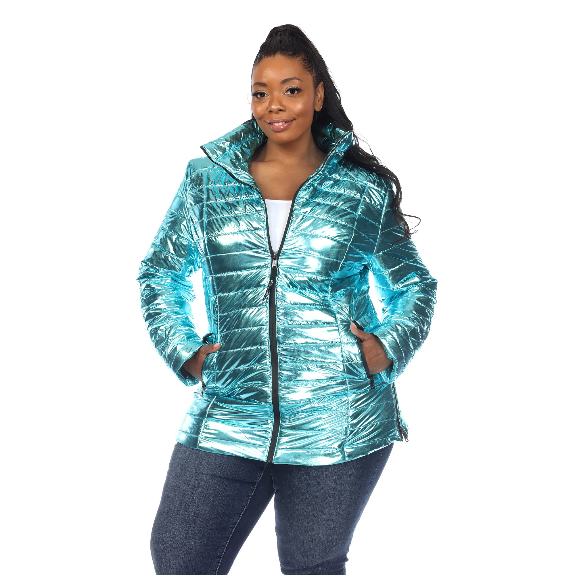White Mark Women's Metallic Puffer Coat - Image 6