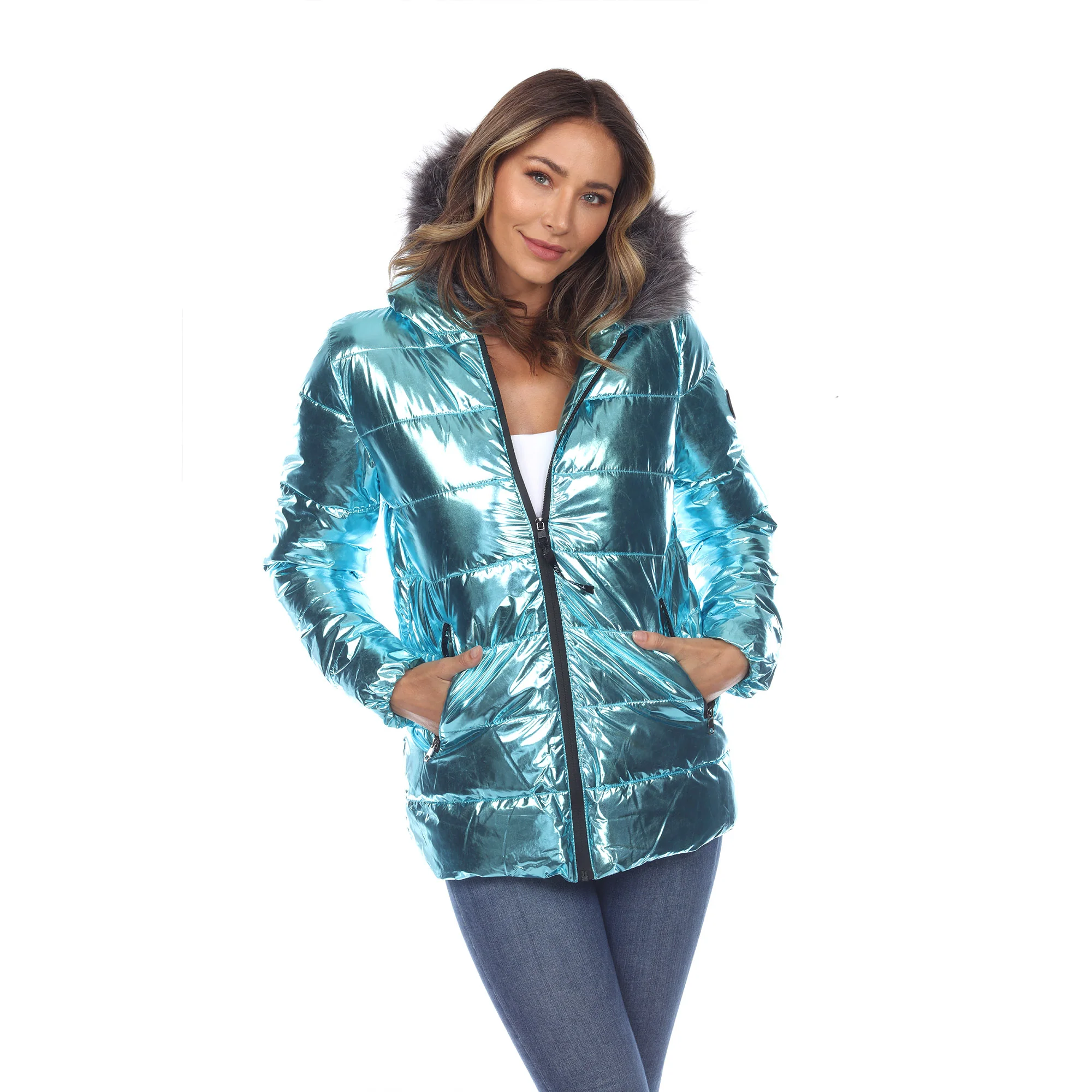White Mark Women's Metallic Puffer Coat with Hoodie - Image 2