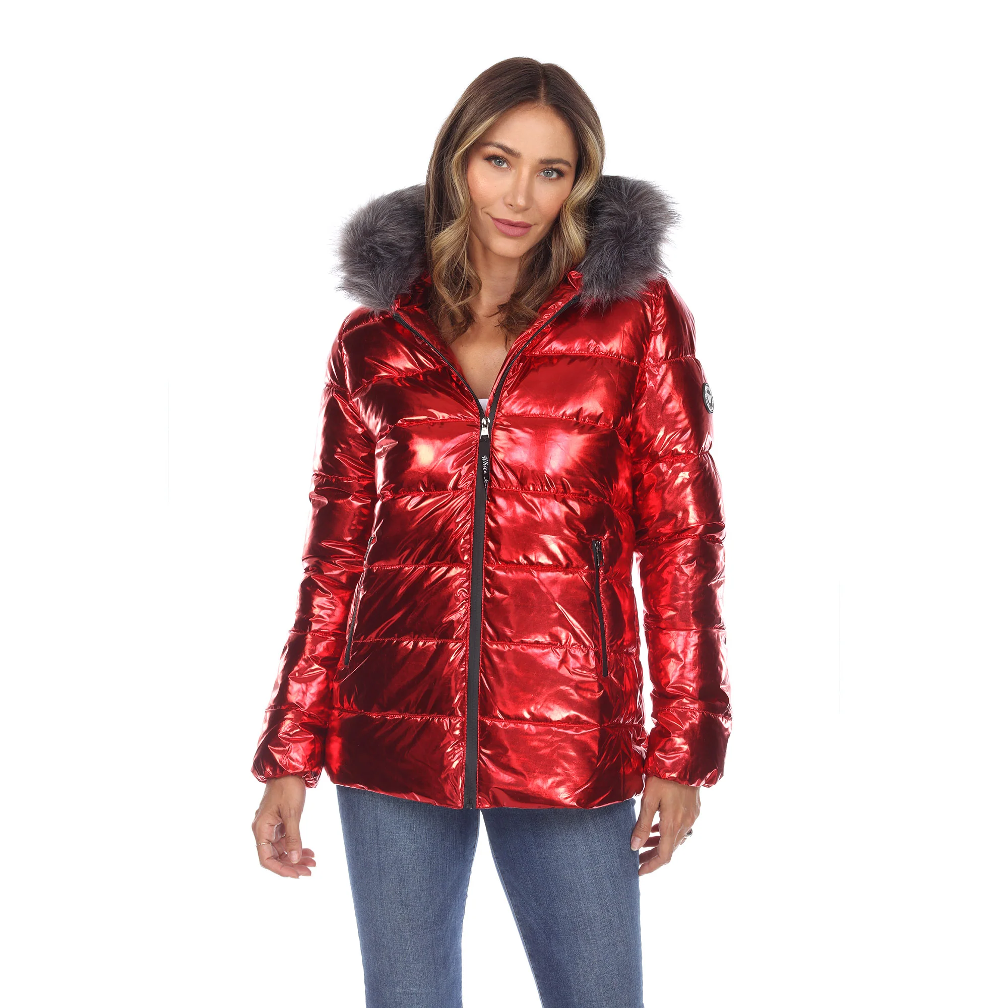 White Mark Women's Metallic Puffer Coat with Hoodie - Image 3