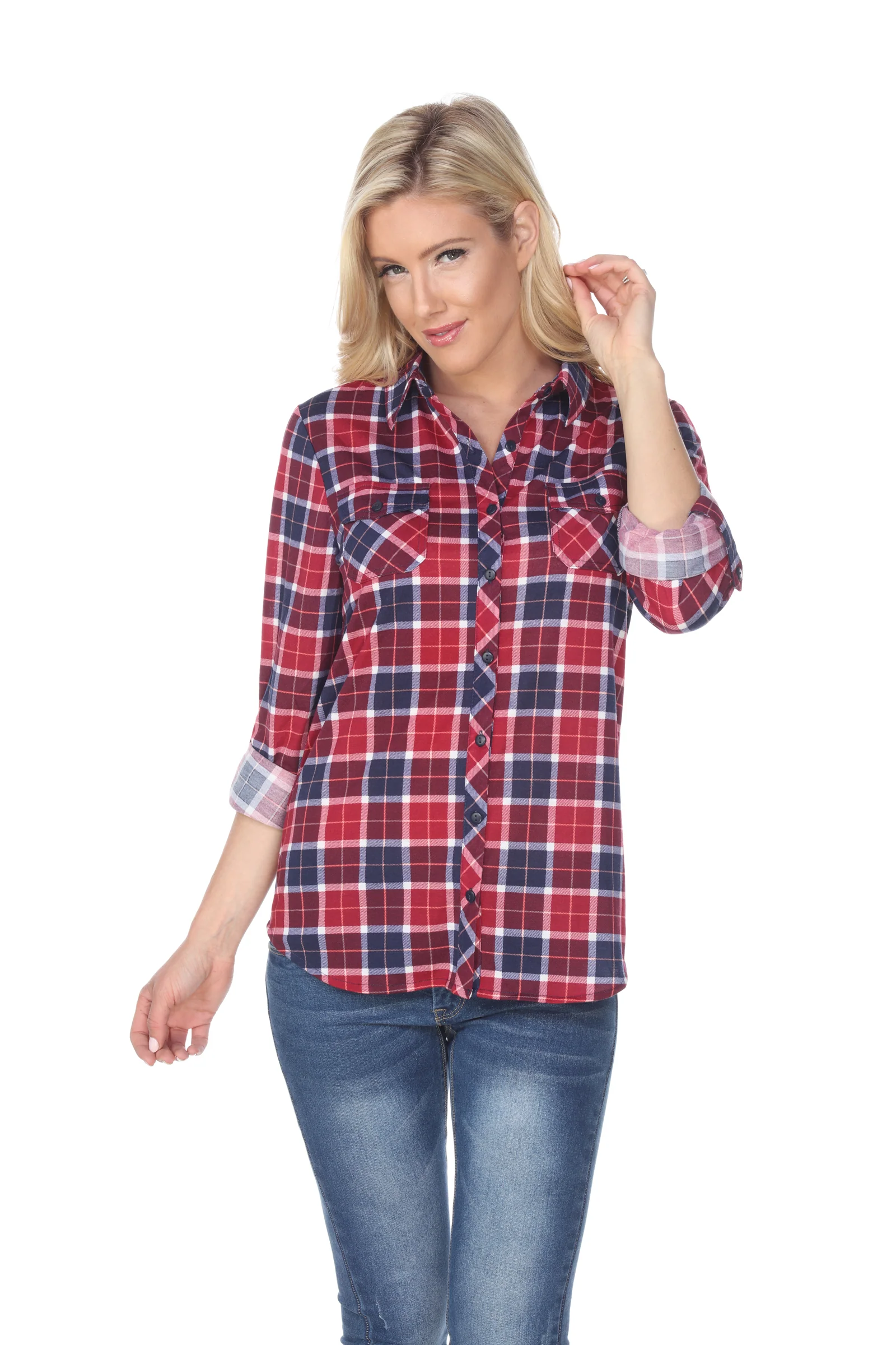 White Mark Women's Oakley Stretch Plaid Button Up Rolled Cuff Top - Image 11
