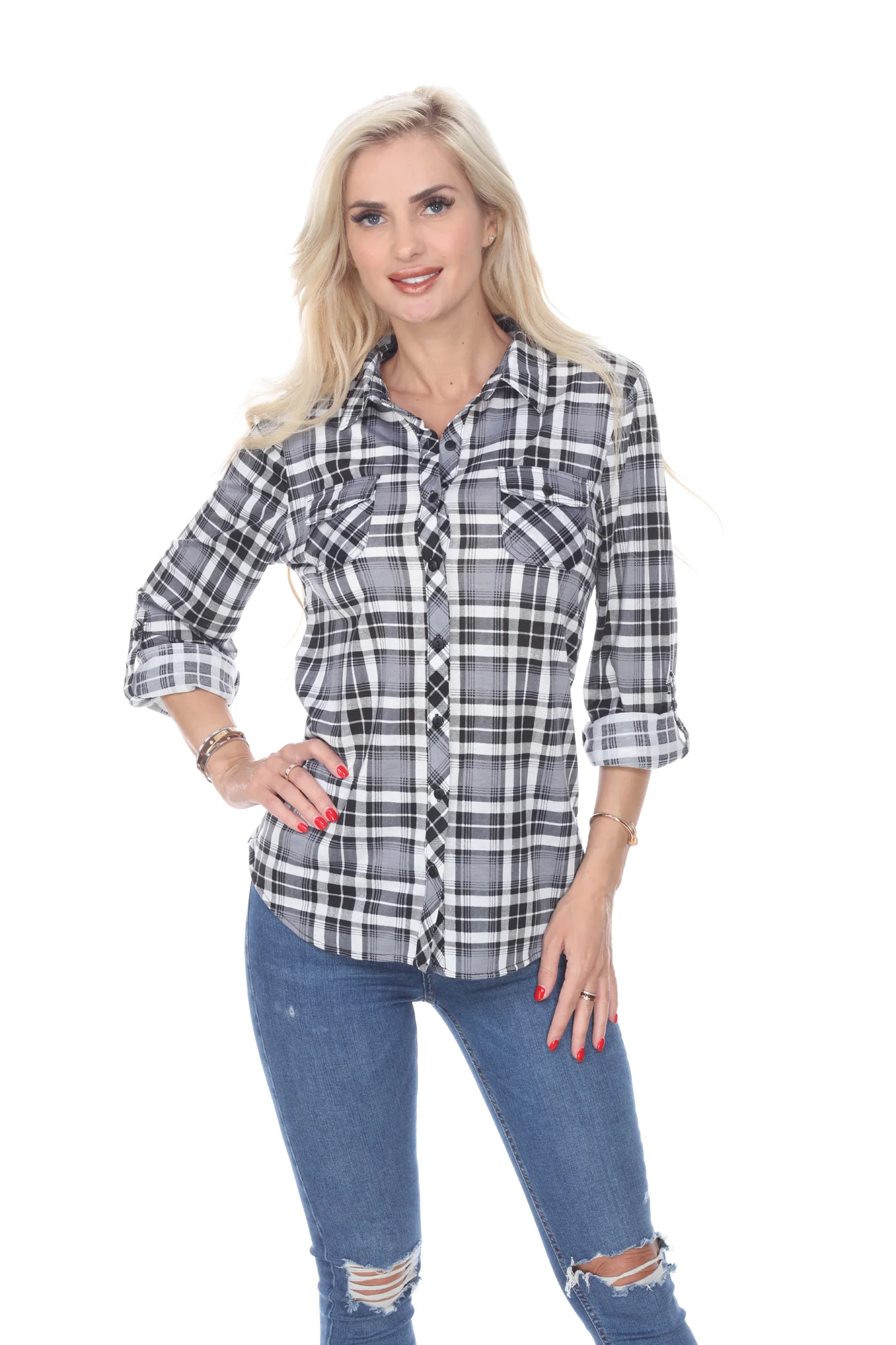 White Mark Women's Oakley Stretch Plaid Button Up Rolled Cuff Top - Image 2