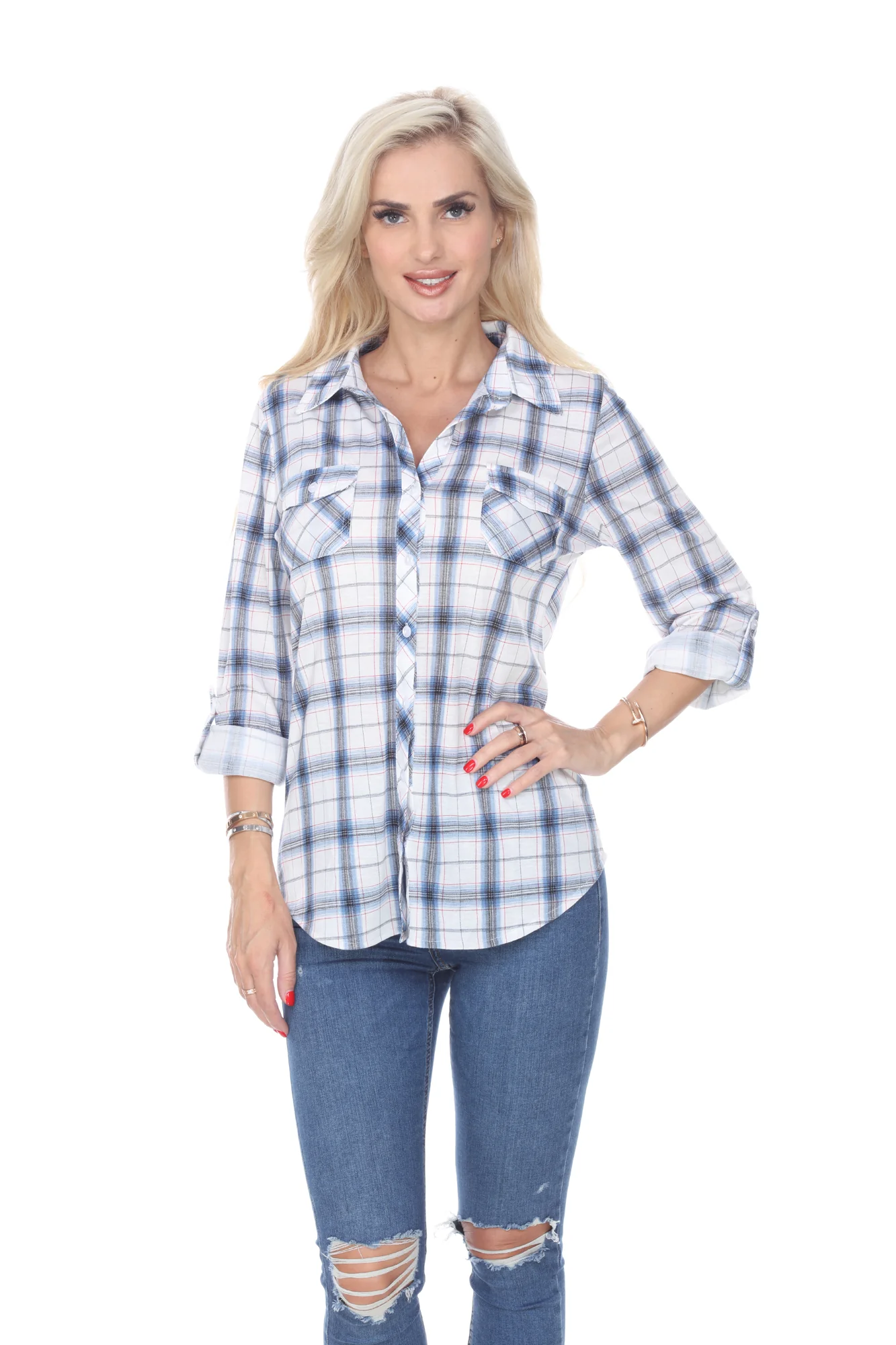 White Mark Women's Oakley Stretch Plaid Button Up Rolled Cuff Top - Image 5