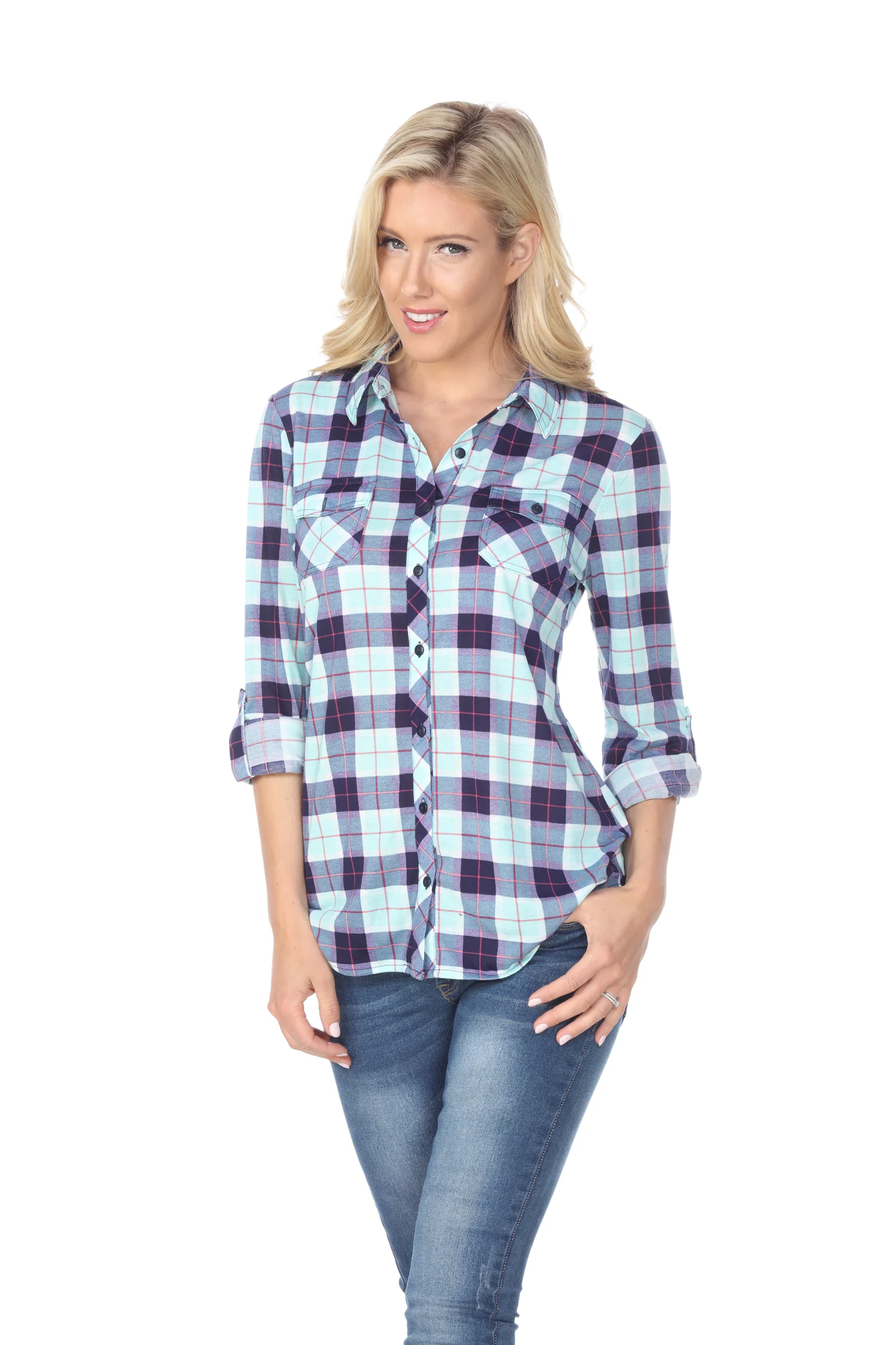 White Mark Women's Oakley Stretch Plaid Button Up Rolled Cuff Top - Image 7