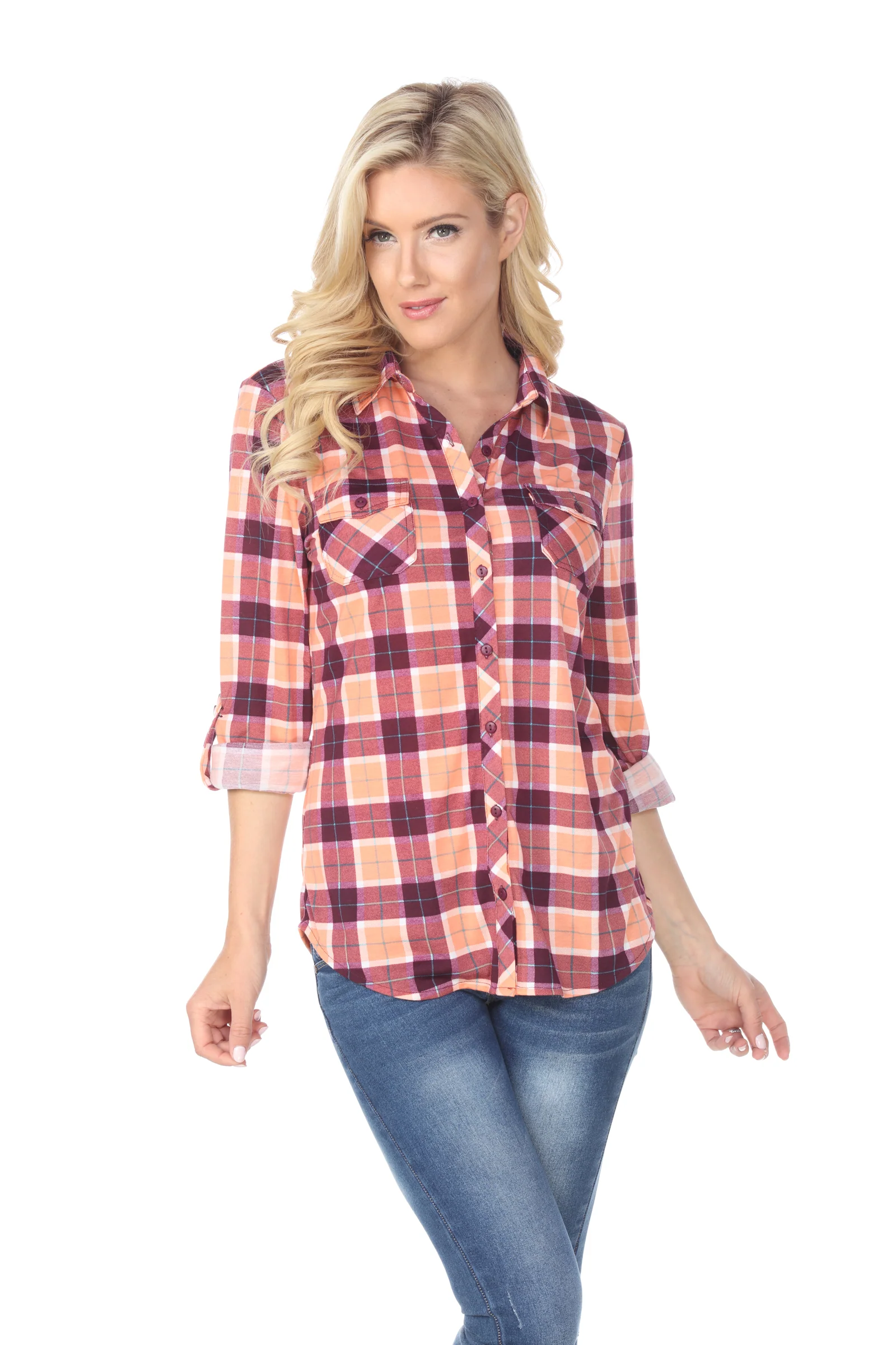 White Mark Women's Oakley Stretch Plaid Button Up Rolled Cuff Top - Image 8