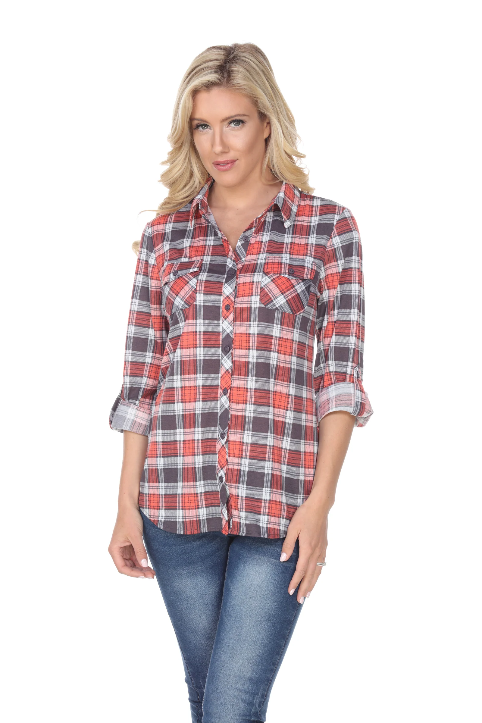 White Mark Women's Oakley Stretch Plaid Button Up Rolled Cuff Top - Image 9