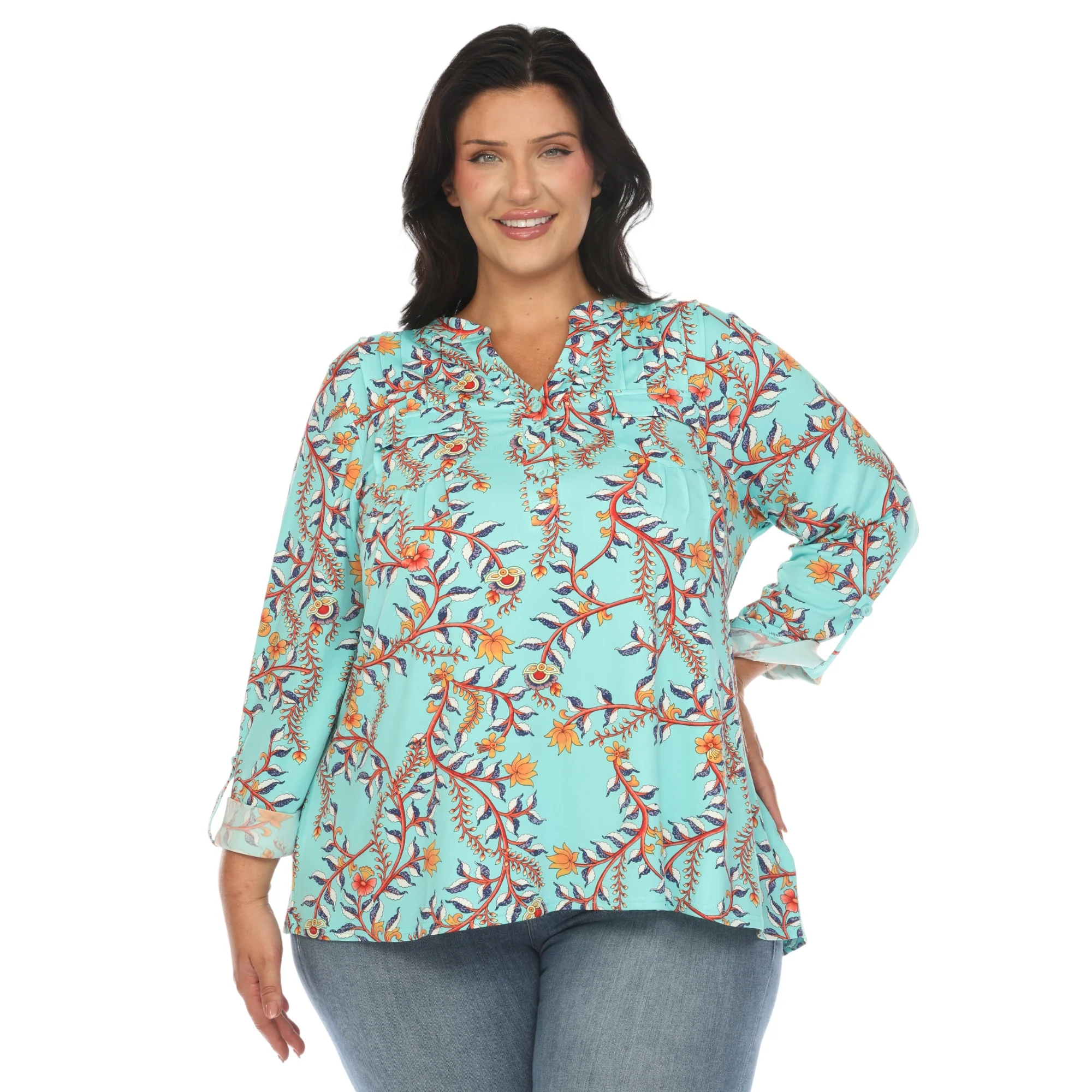 White Mark Women's Paisley Button Front Roll Tab Sleeve Top - Image 10