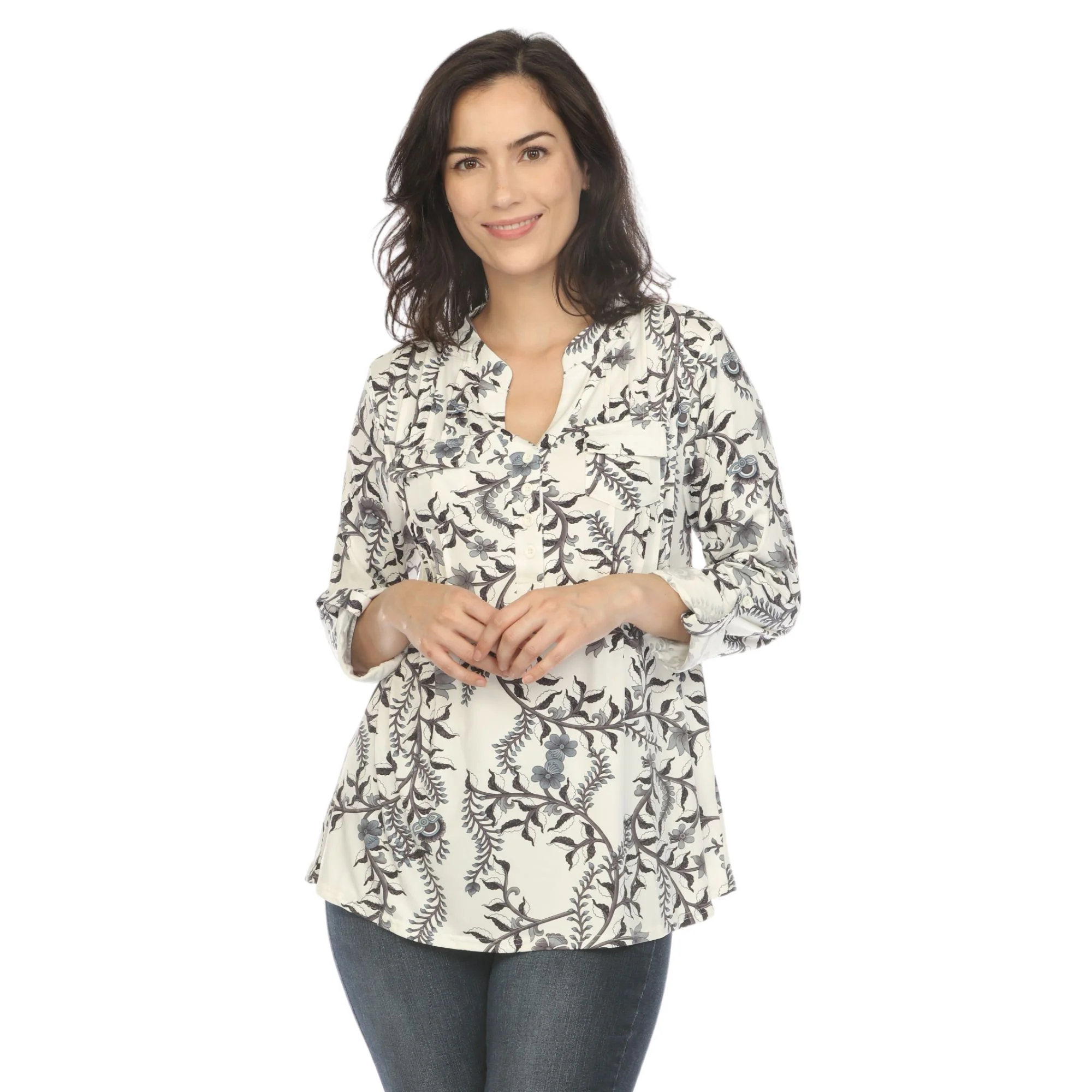 White Mark Women's Paisley Button Front Roll Tab Sleeve Top - Image 2