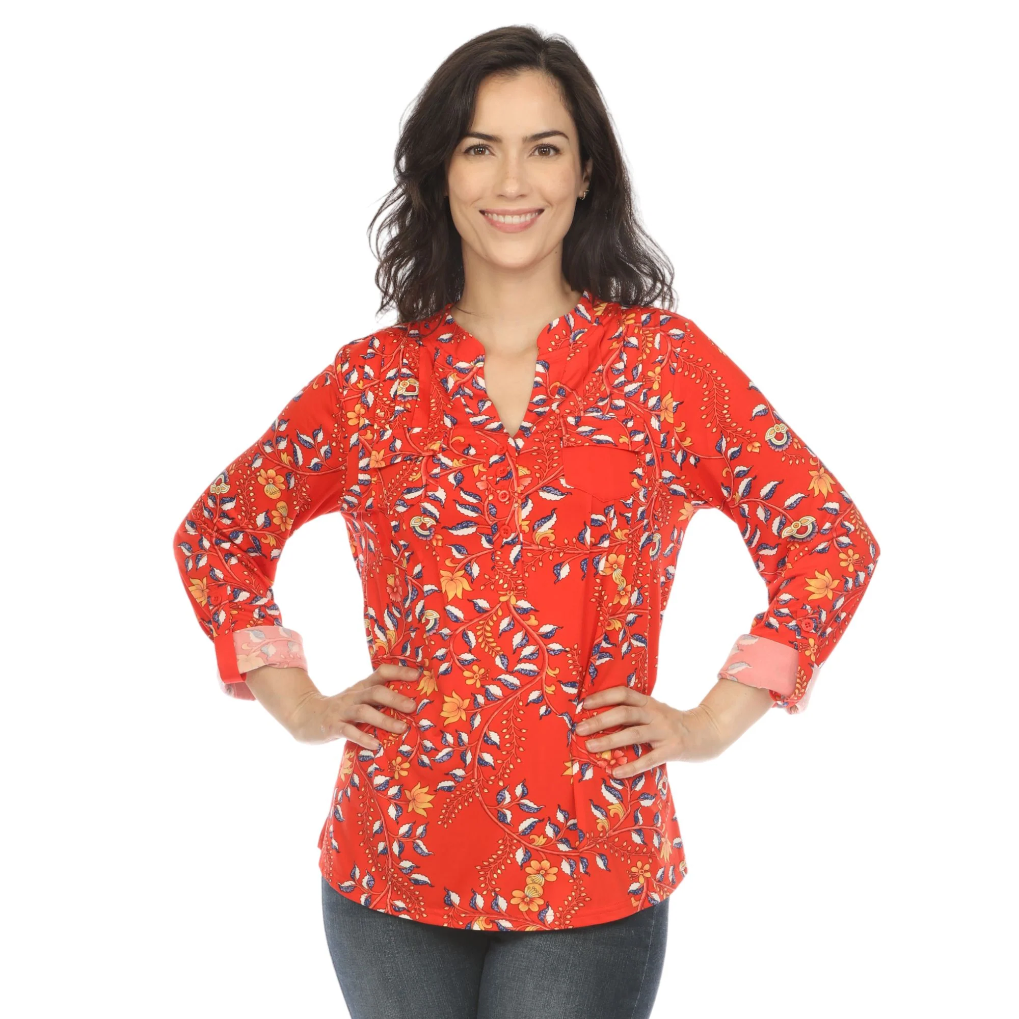 White Mark Women's Paisley Button Front Roll Tab Sleeve Top - Image 3