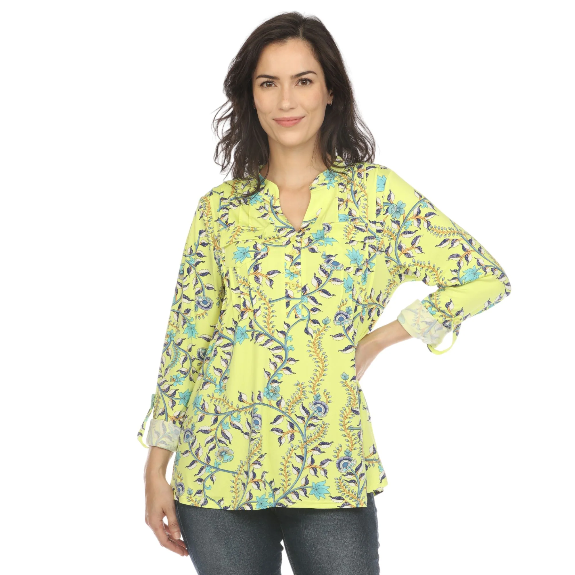 White Mark Women's Paisley Button Front Roll Tab Sleeve Top - Image 4