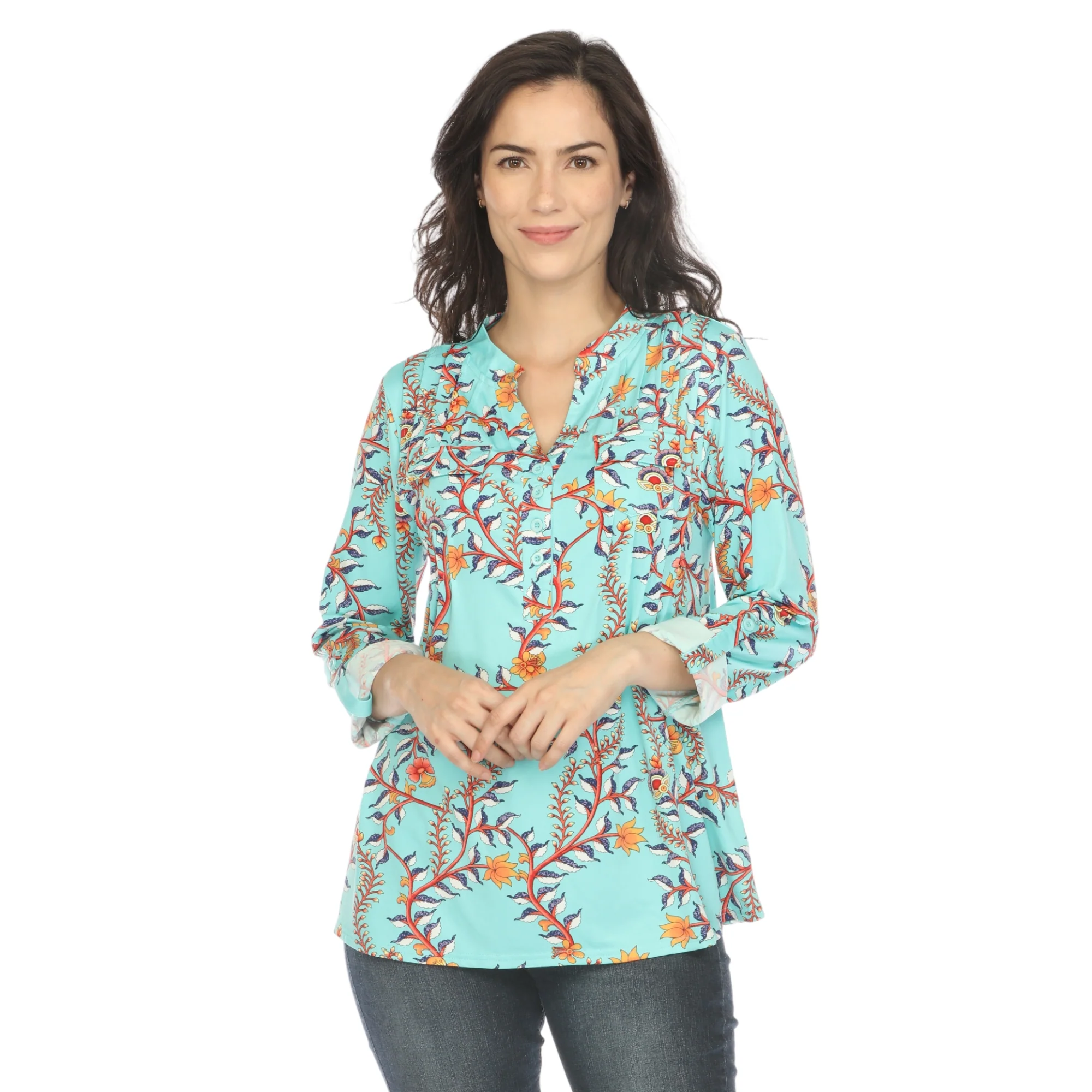 White Mark Women's Paisley Button Front Roll Tab Sleeve Top - Image 5