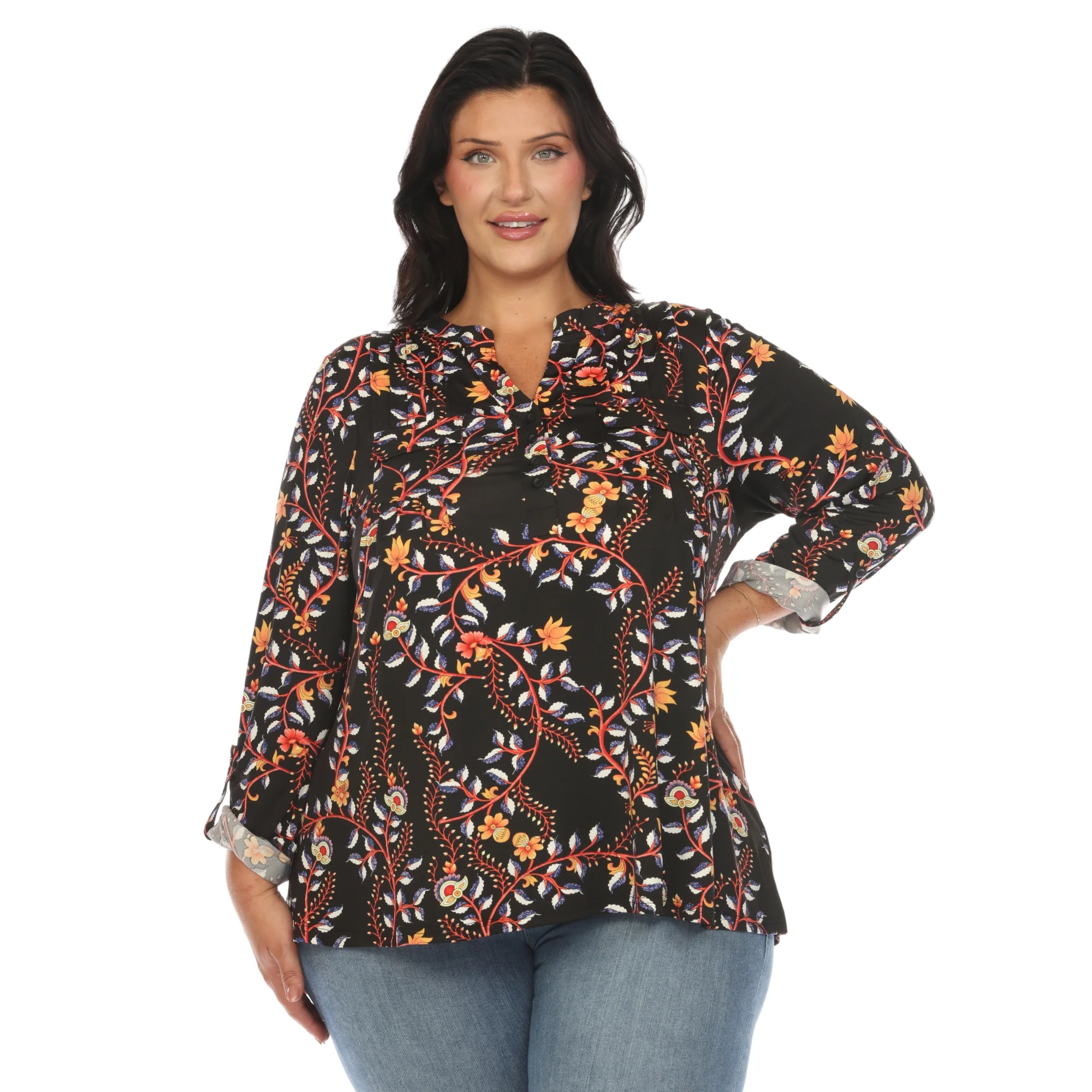 White Mark Women's Paisley Button Front Roll Tab Sleeve Top - Image 6