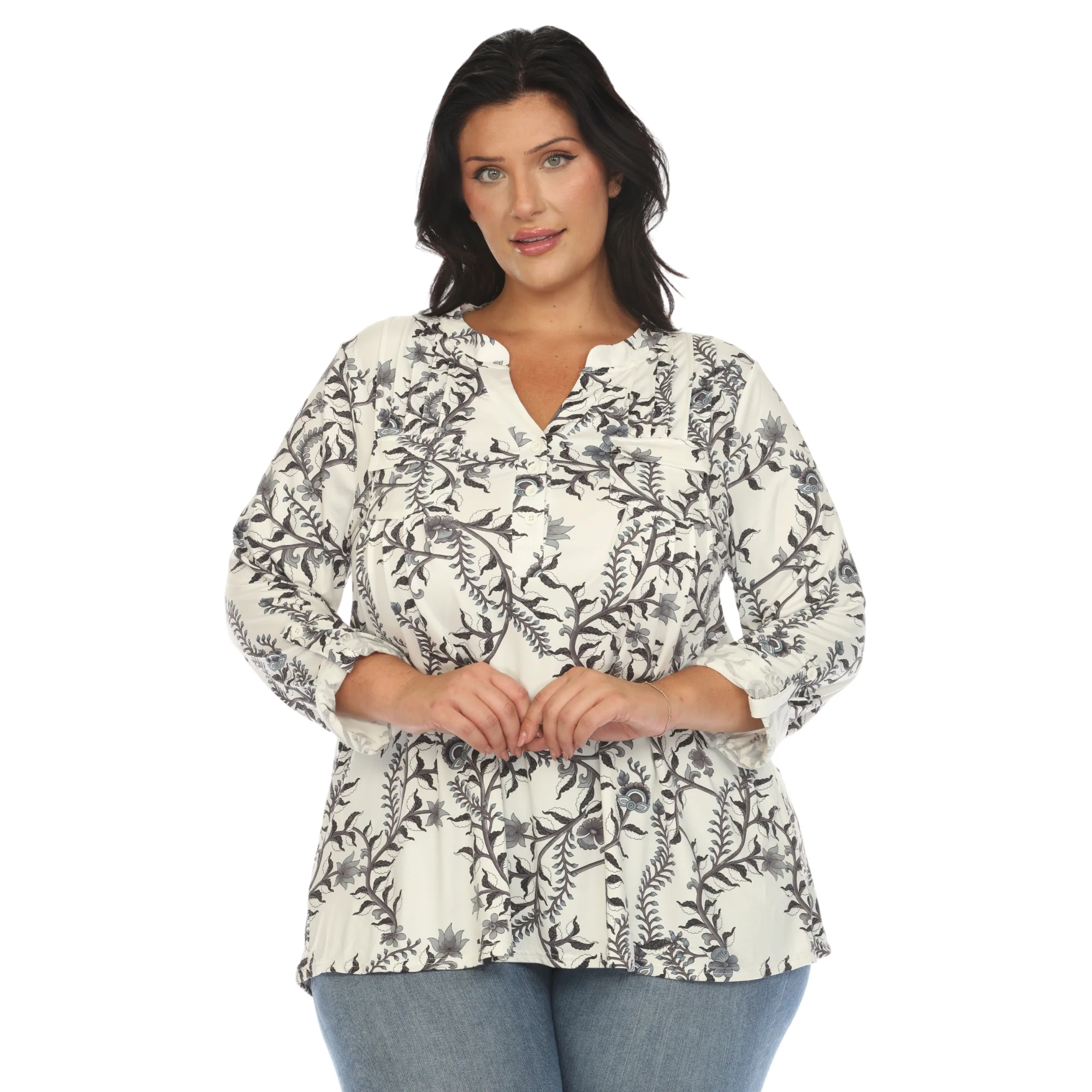 White Mark Women's Paisley Button Front Roll Tab Sleeve Top - Image 7