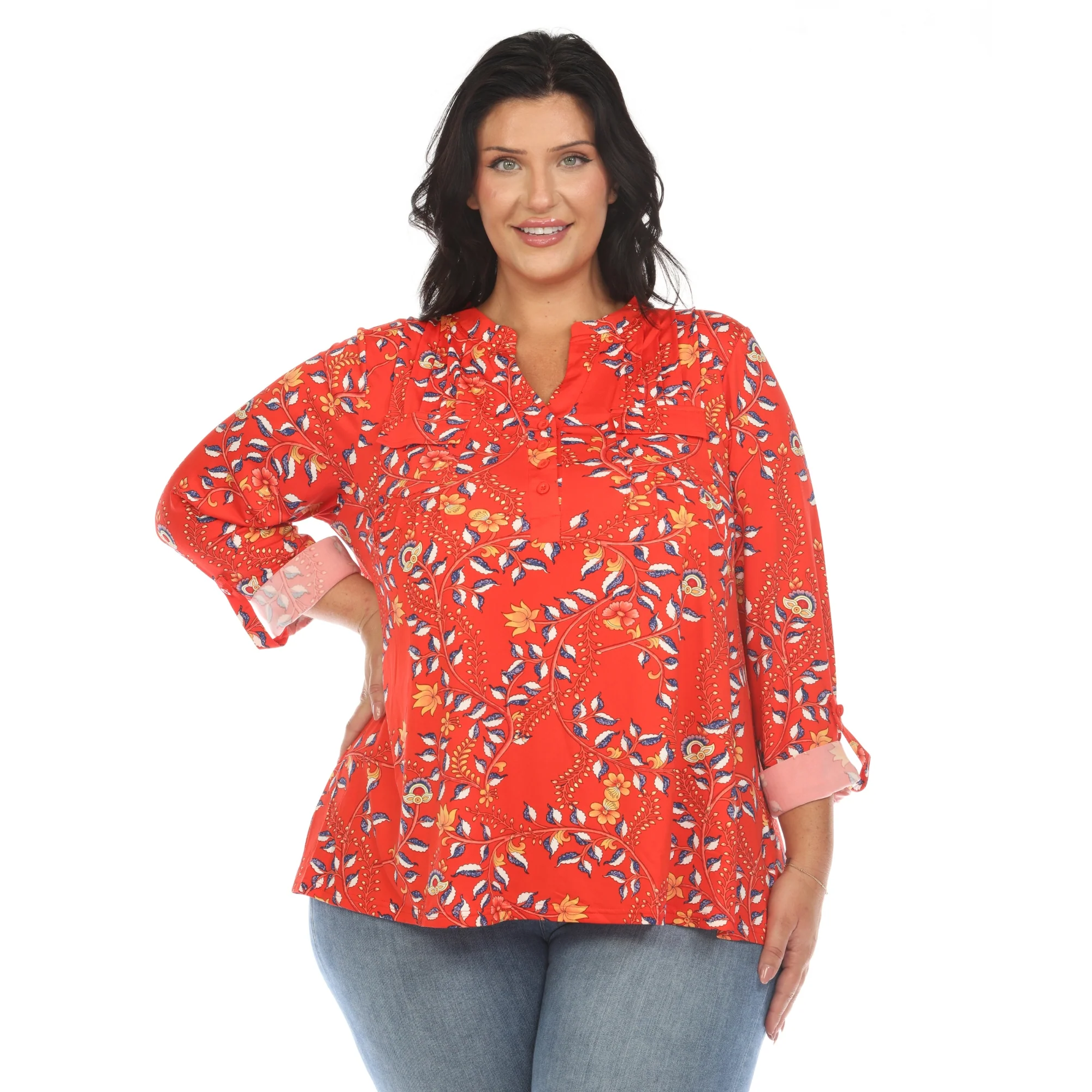 White Mark Women's Paisley Button Front Roll Tab Sleeve Top - Image 8