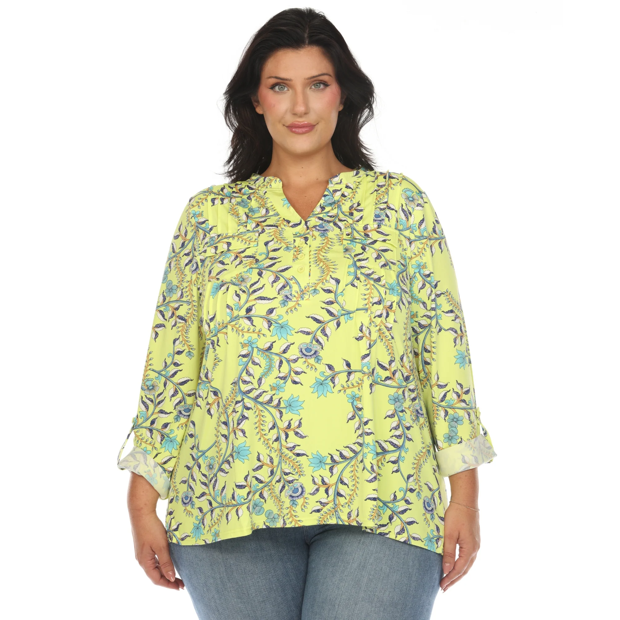 White Mark Women's Paisley Button Front Roll Tab Sleeve Top - Image 9