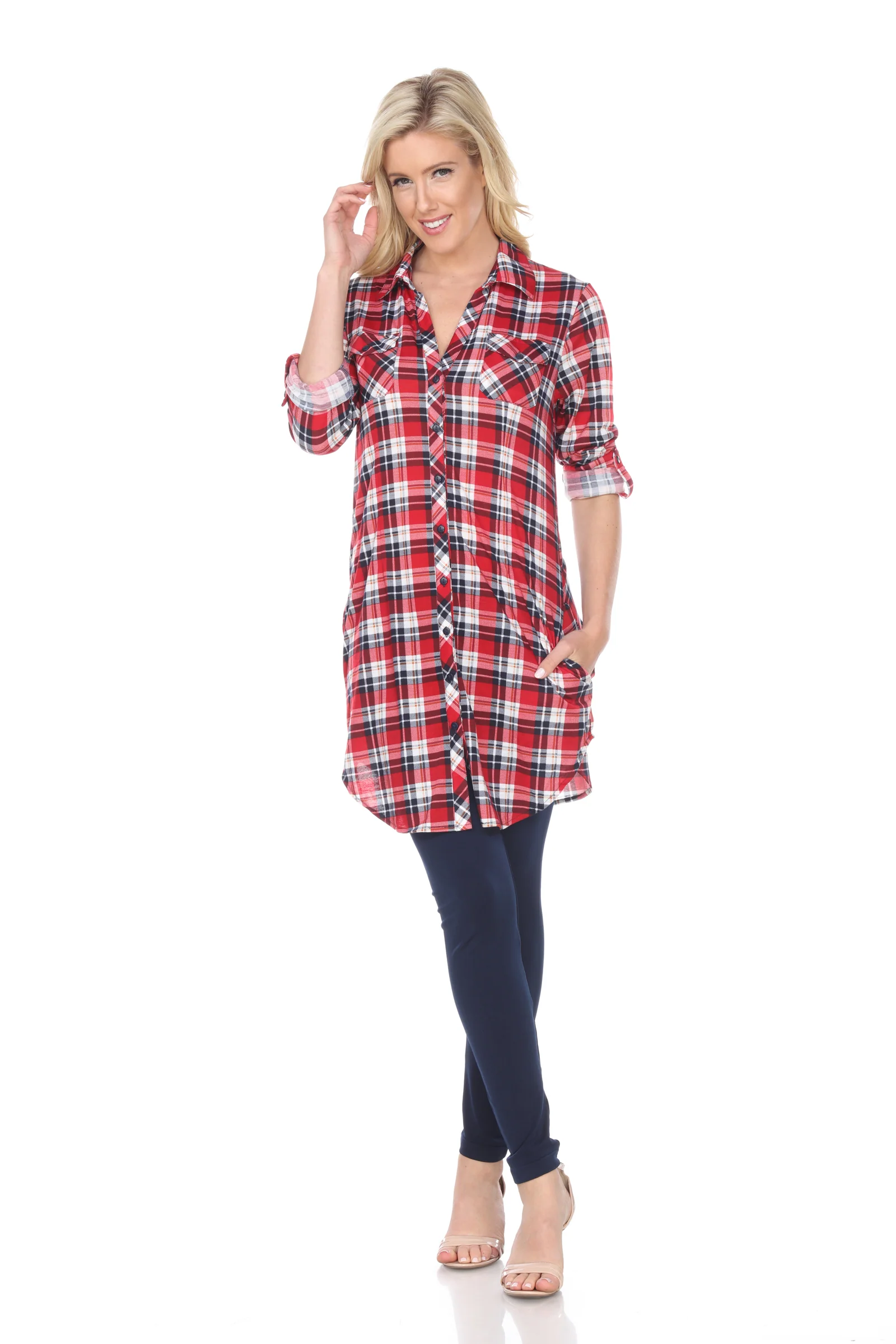 White Mark Women's Piper Stretch Plaid Rounded Hem Tunic Top - Image 10