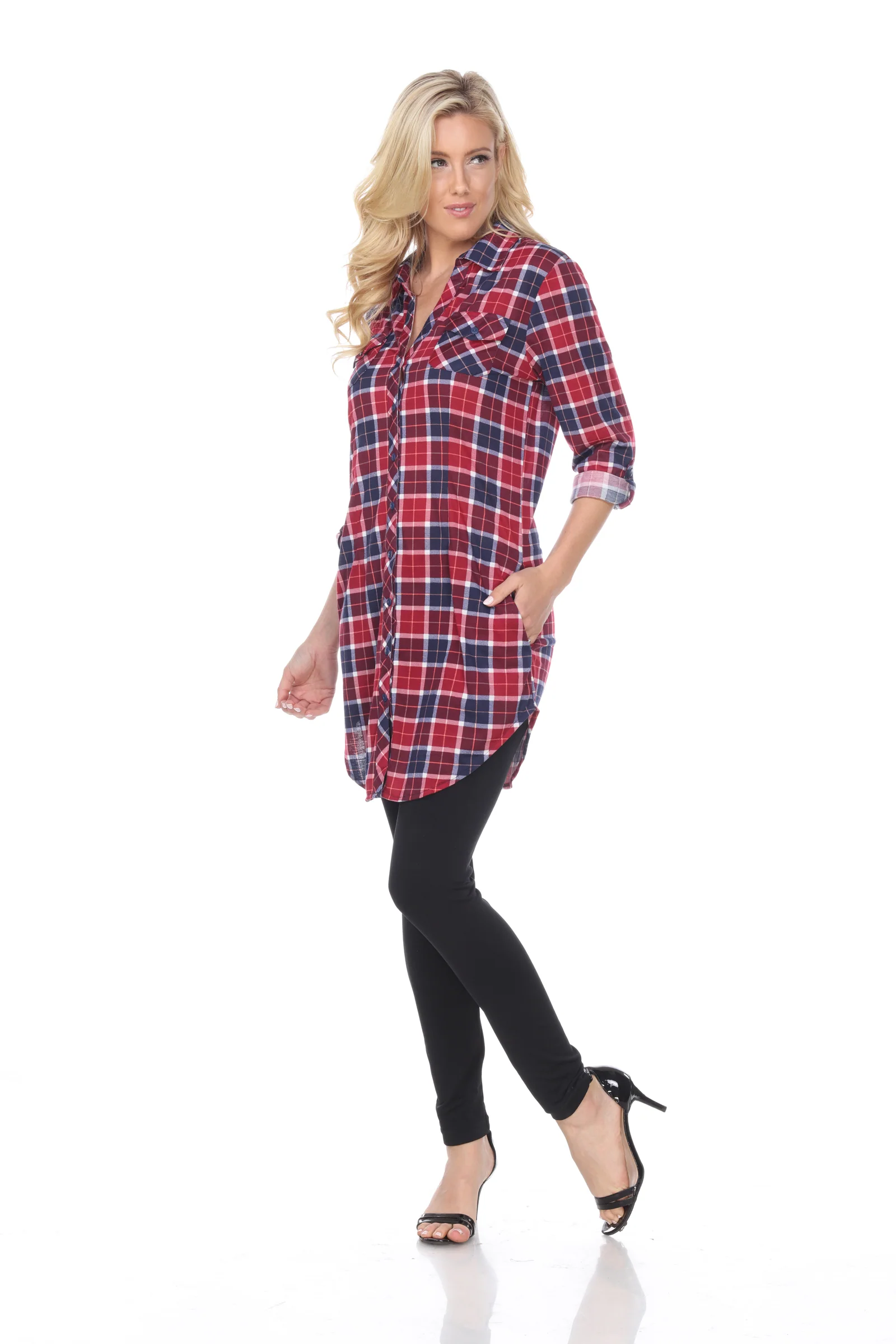 White Mark Women's Piper Stretch Plaid Rounded Hem Tunic Top - Image 11