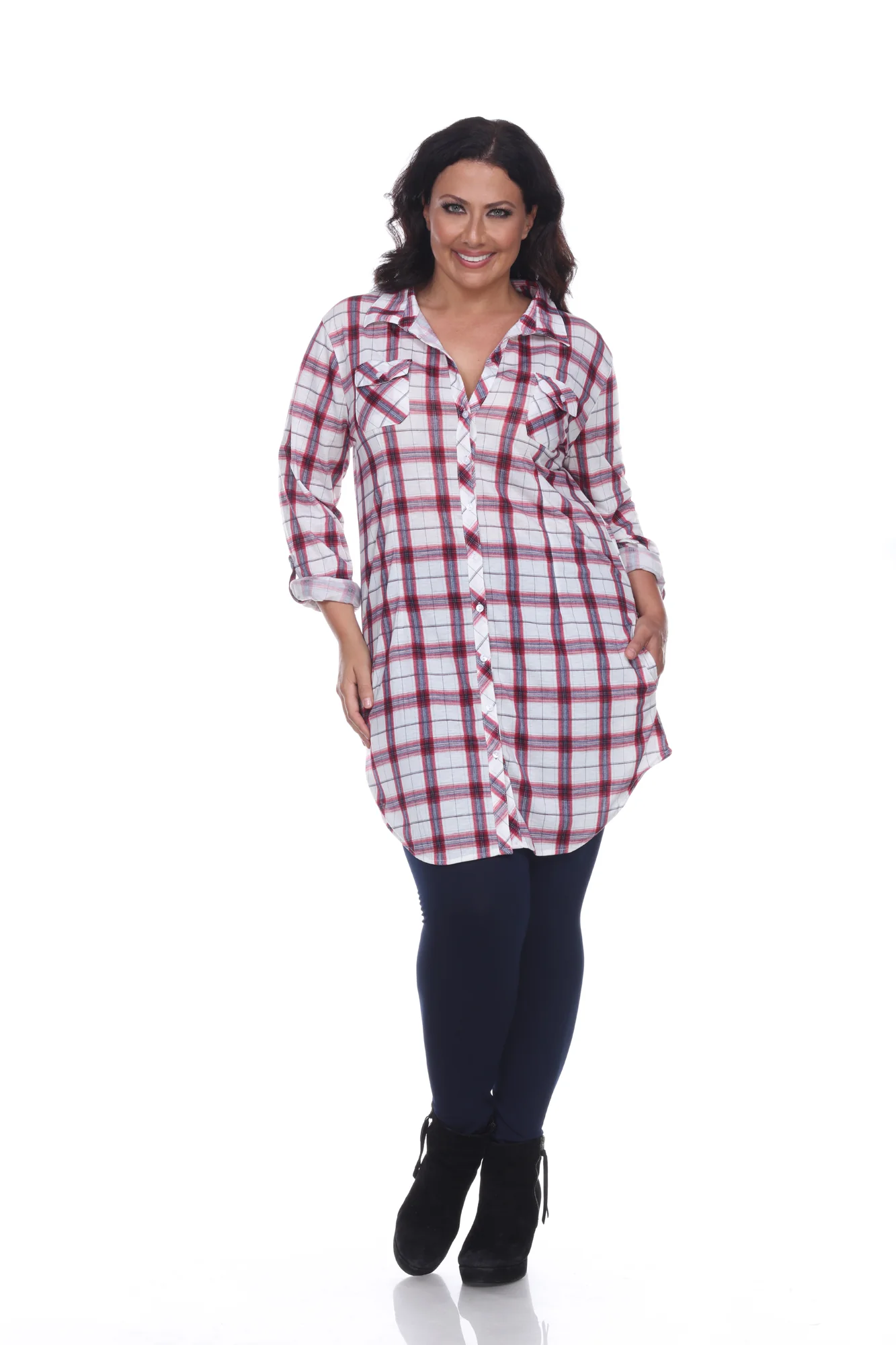 White Mark Women's Piper Stretch Plaid Rounded Hem Tunic Top - Image 15